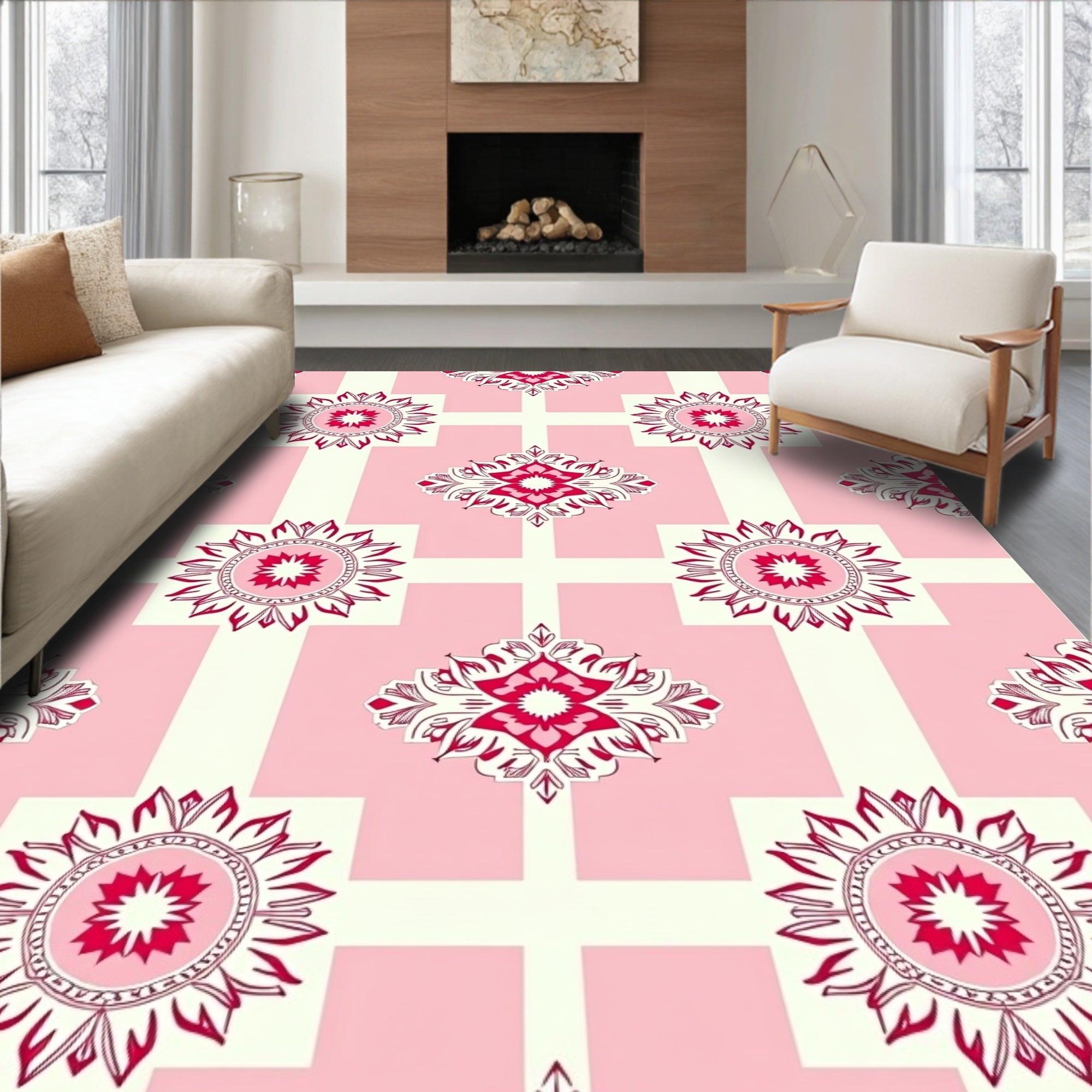 Pink Cream Floral Medallion Pattern Rug