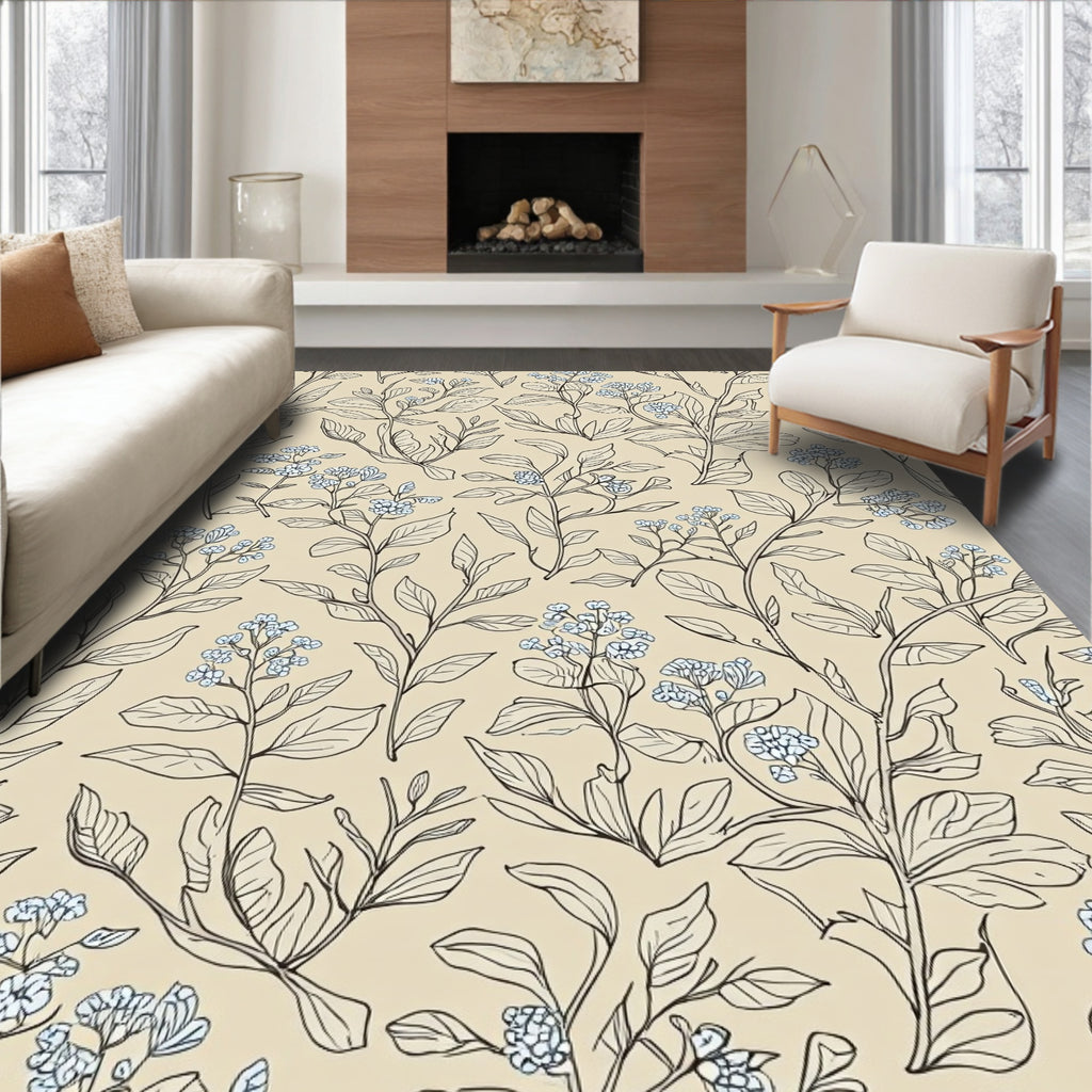 Delicate Blue Floral Botanical Pattern Rug
