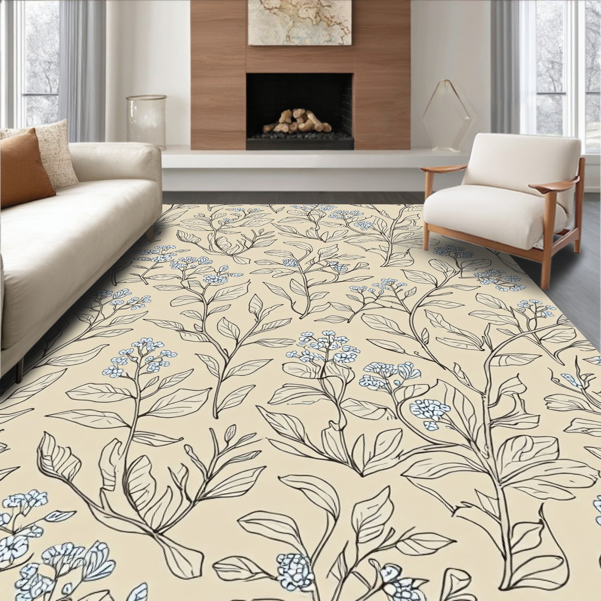 Delicate Blue Floral Botanical Pattern Rug