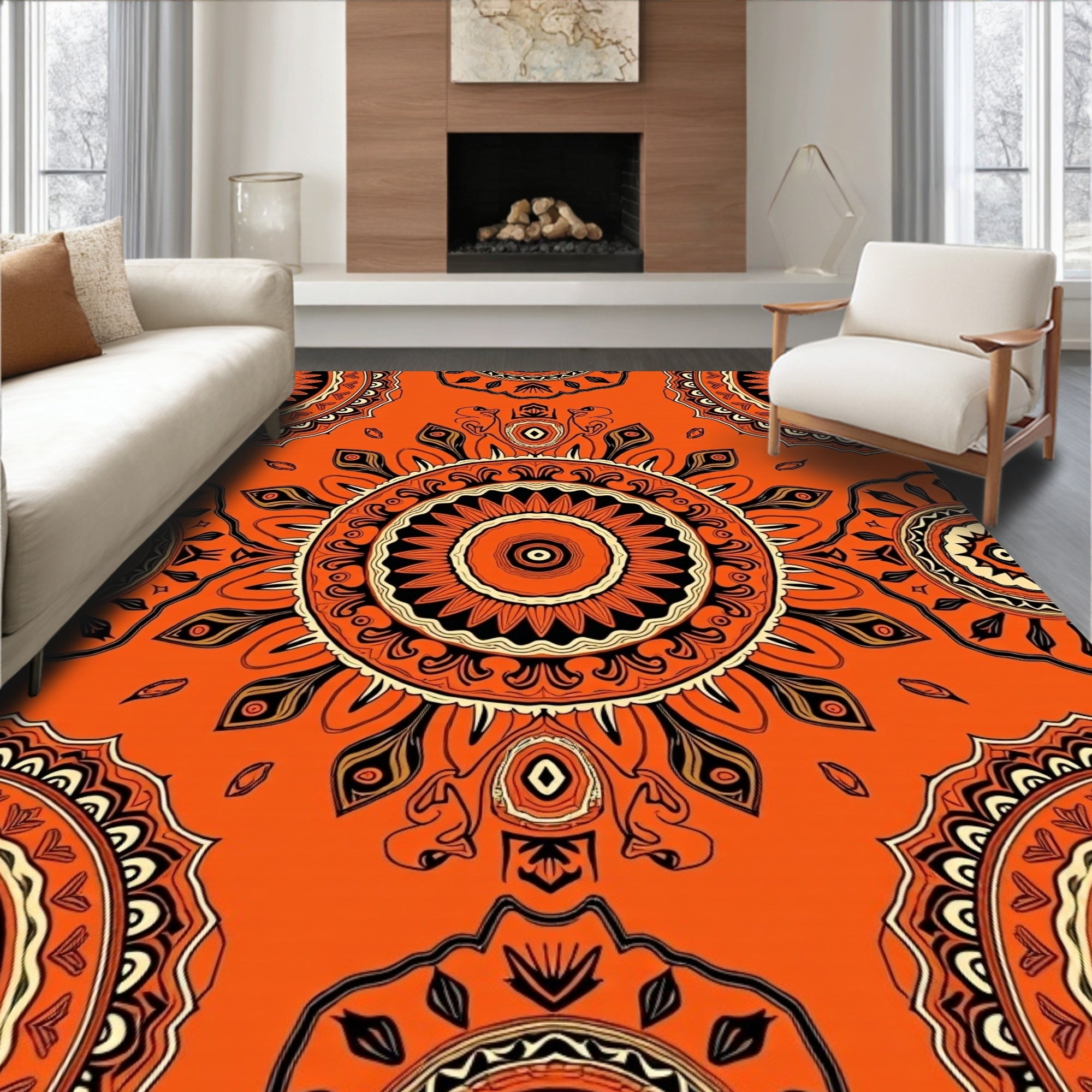 Bold Orange Mandala Pattern Rug