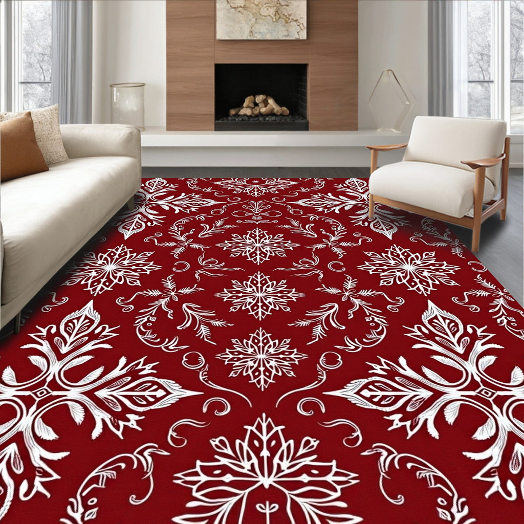 Rich Red White Damask Floral Rug