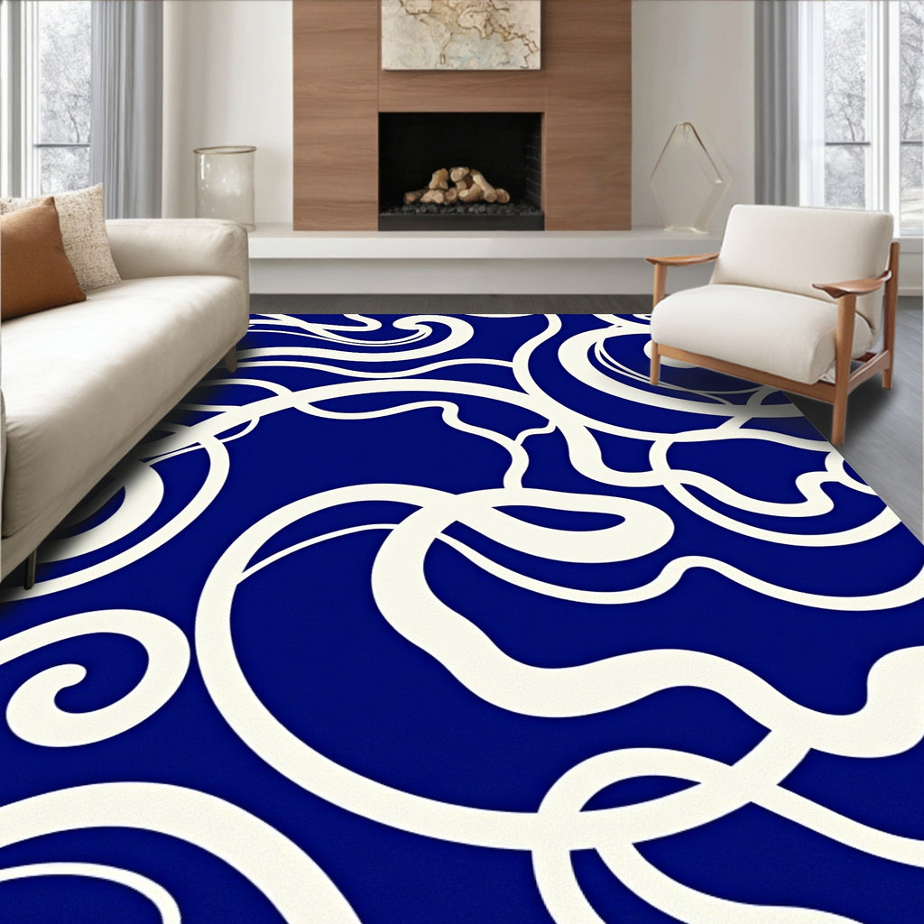 Bold Cream Swirls Deep Blue Pattern Rug