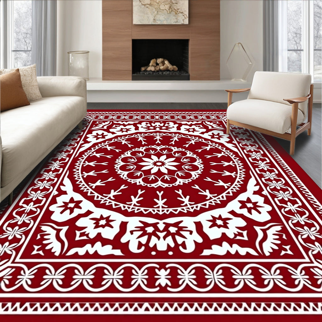 Classic Red White Intricate Medallion Design Rug