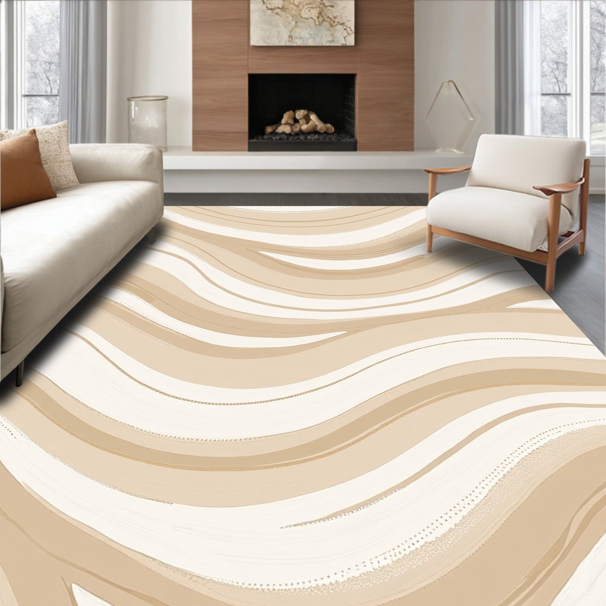 Neutral Earthy Wavy Stripe Pattern Rug