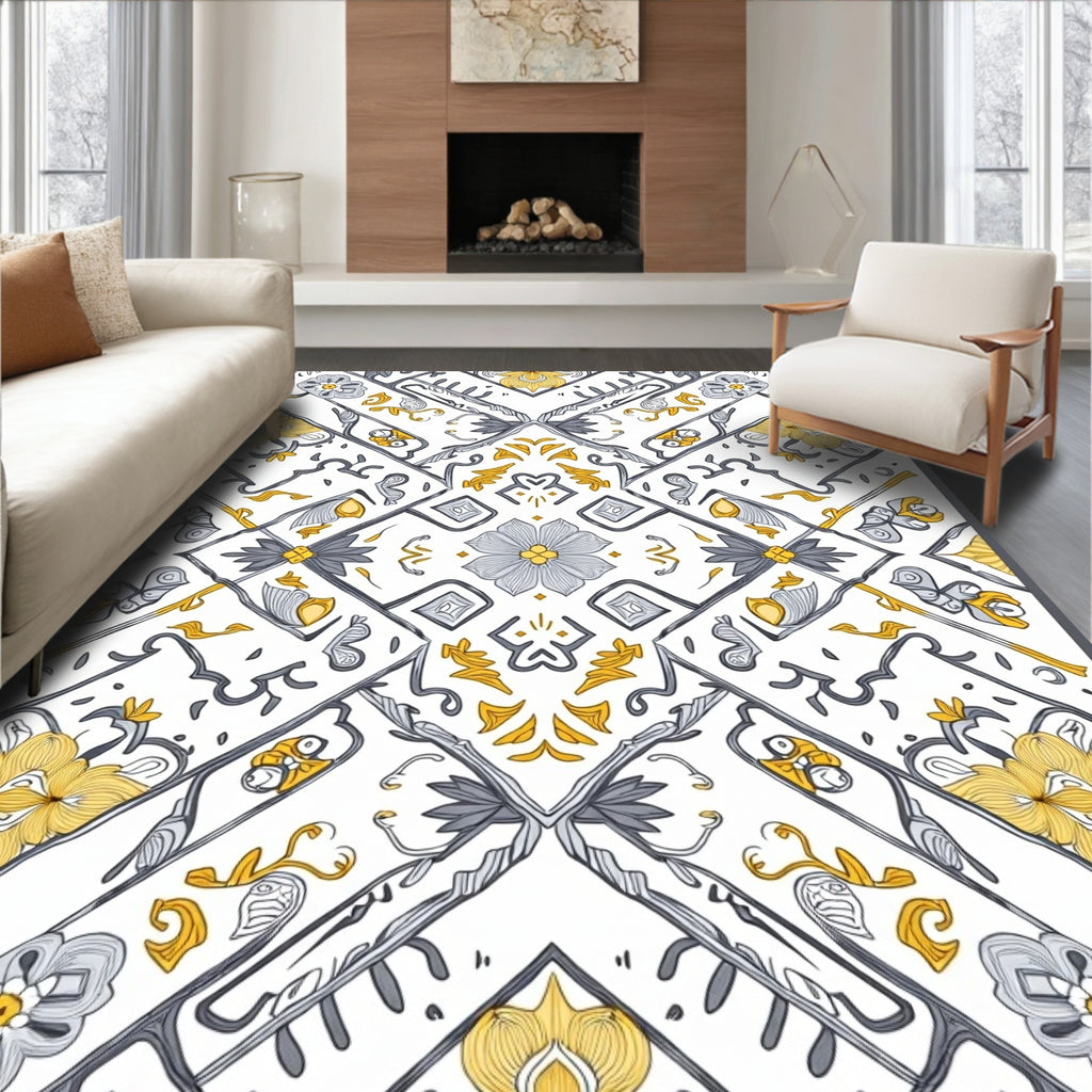 Elegant Yellow and Grey Floral Tile Design Rug