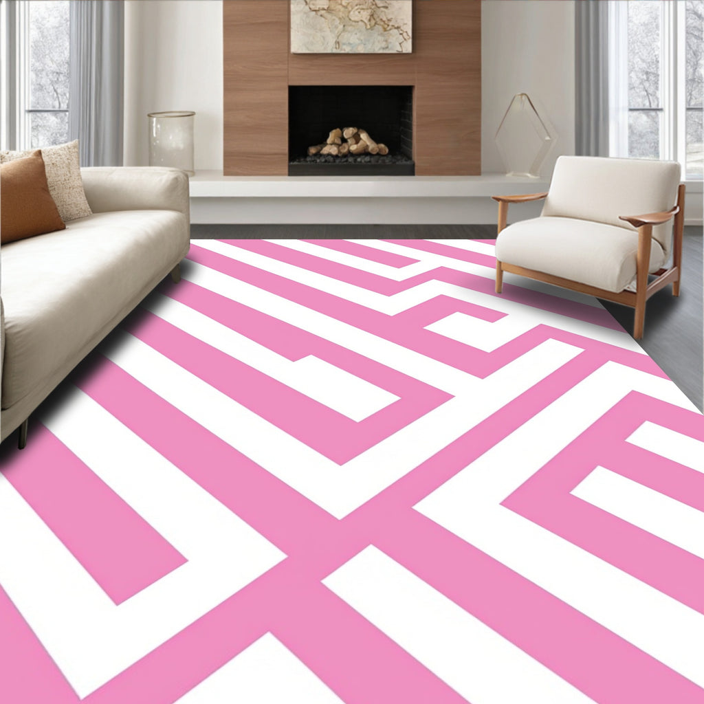 Pink White Geometric Interlocking Stripes Pattern Rug