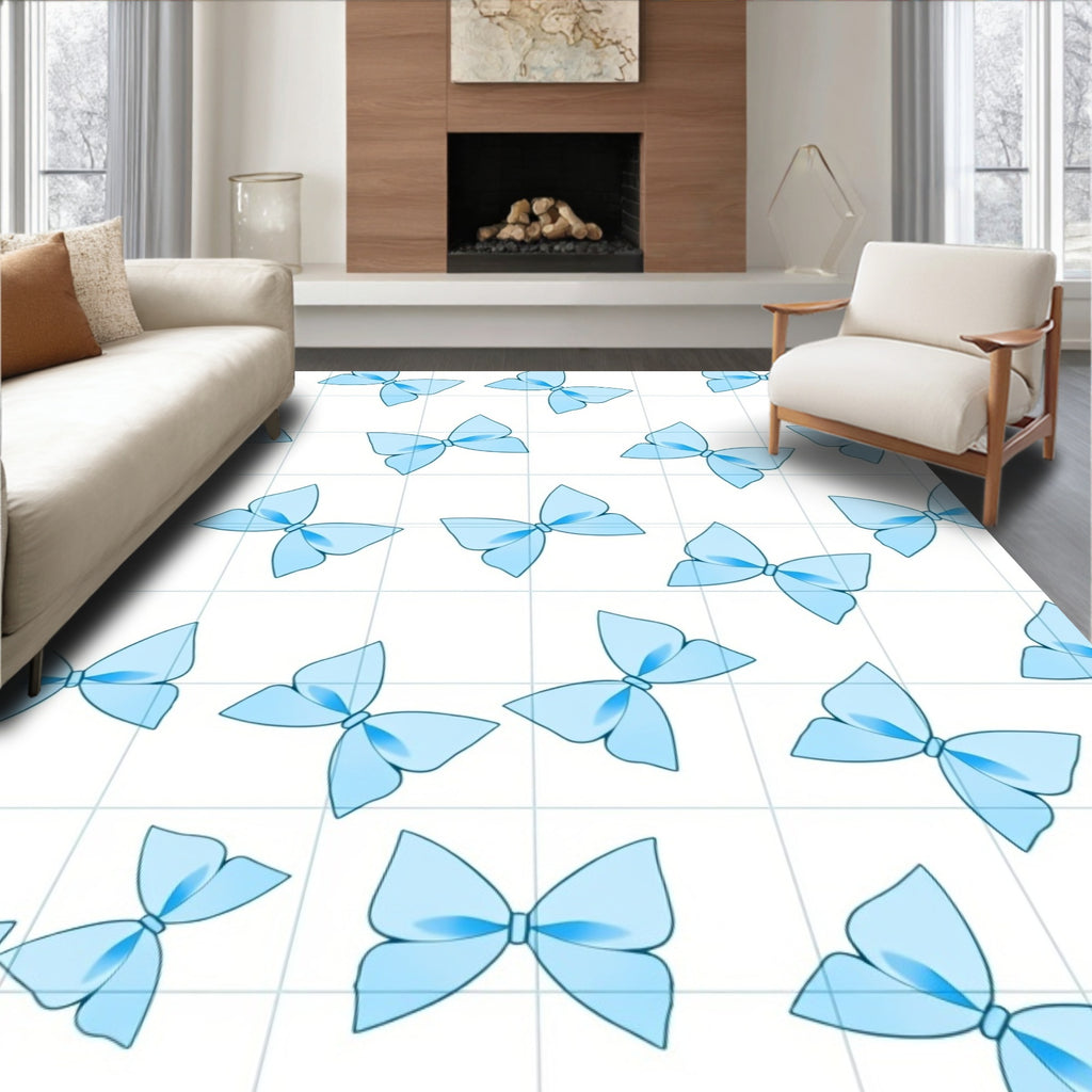 Light Blue Bow Pattern on Grid Rug
