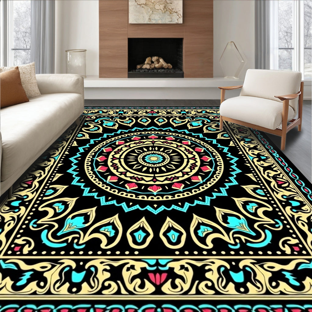 Ornate Black Mandala Floral Pattern Rug