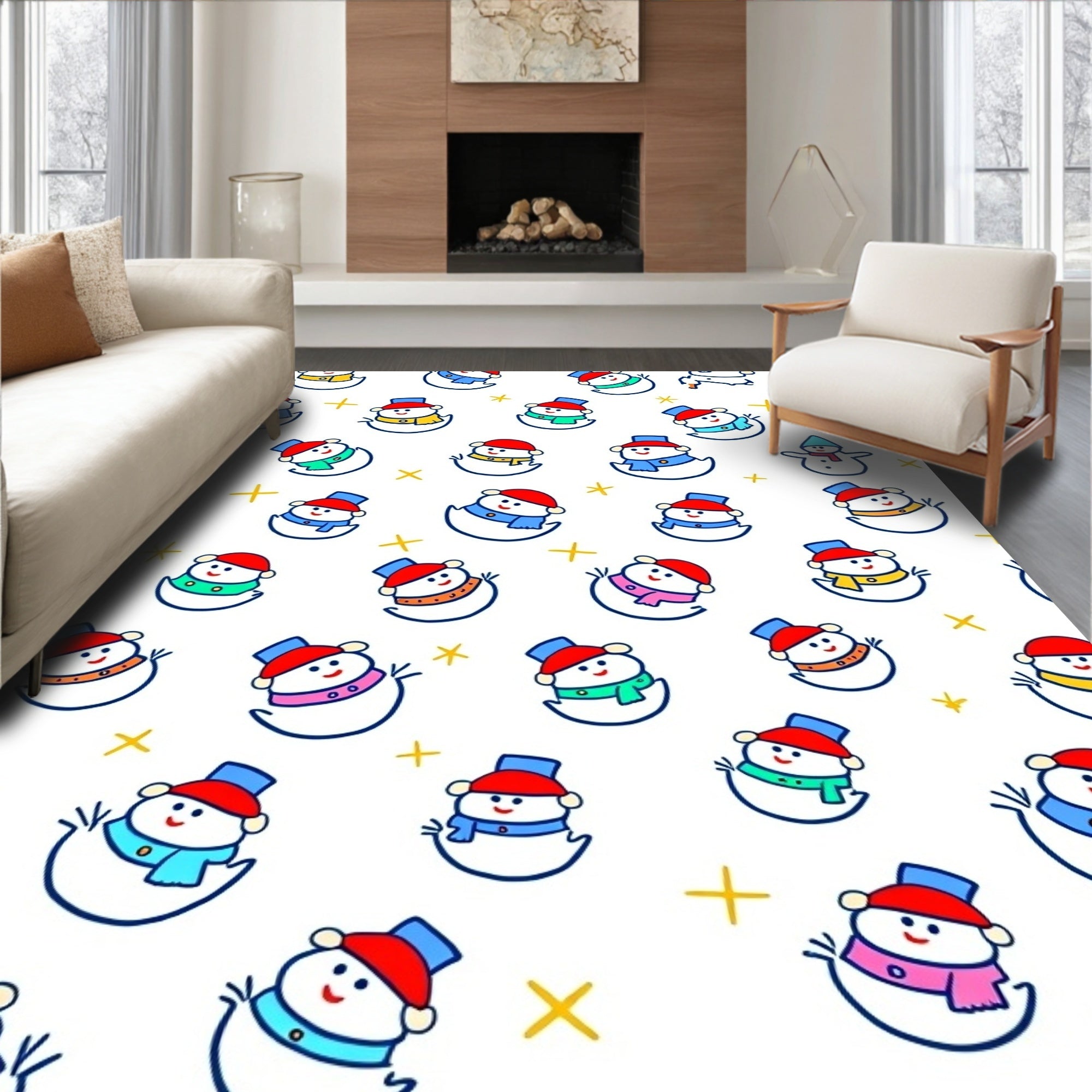 Playful Snowman Friends Colorful Scarf Scatter Rug