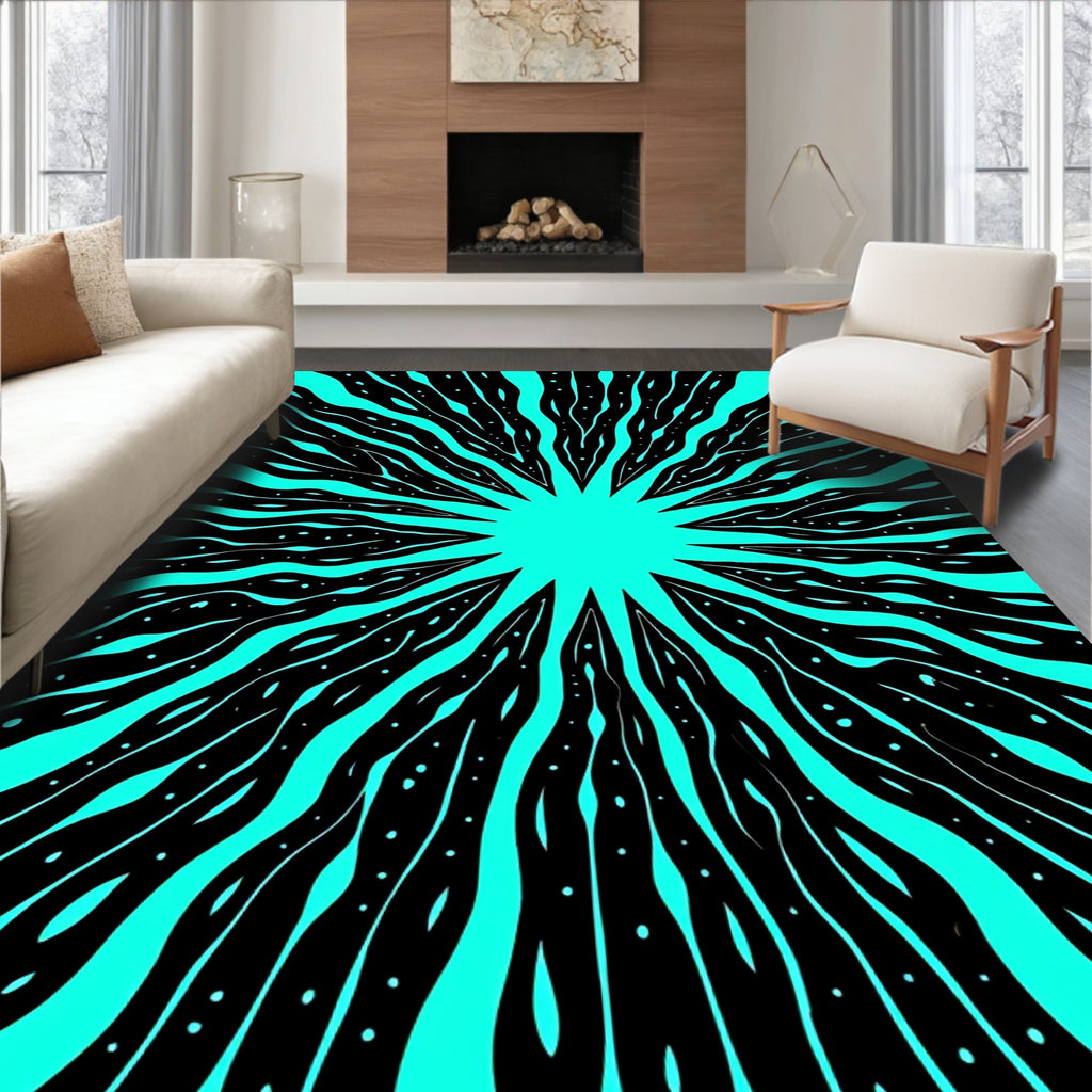 Vibrant Black And Aqua Radiating Design Rug