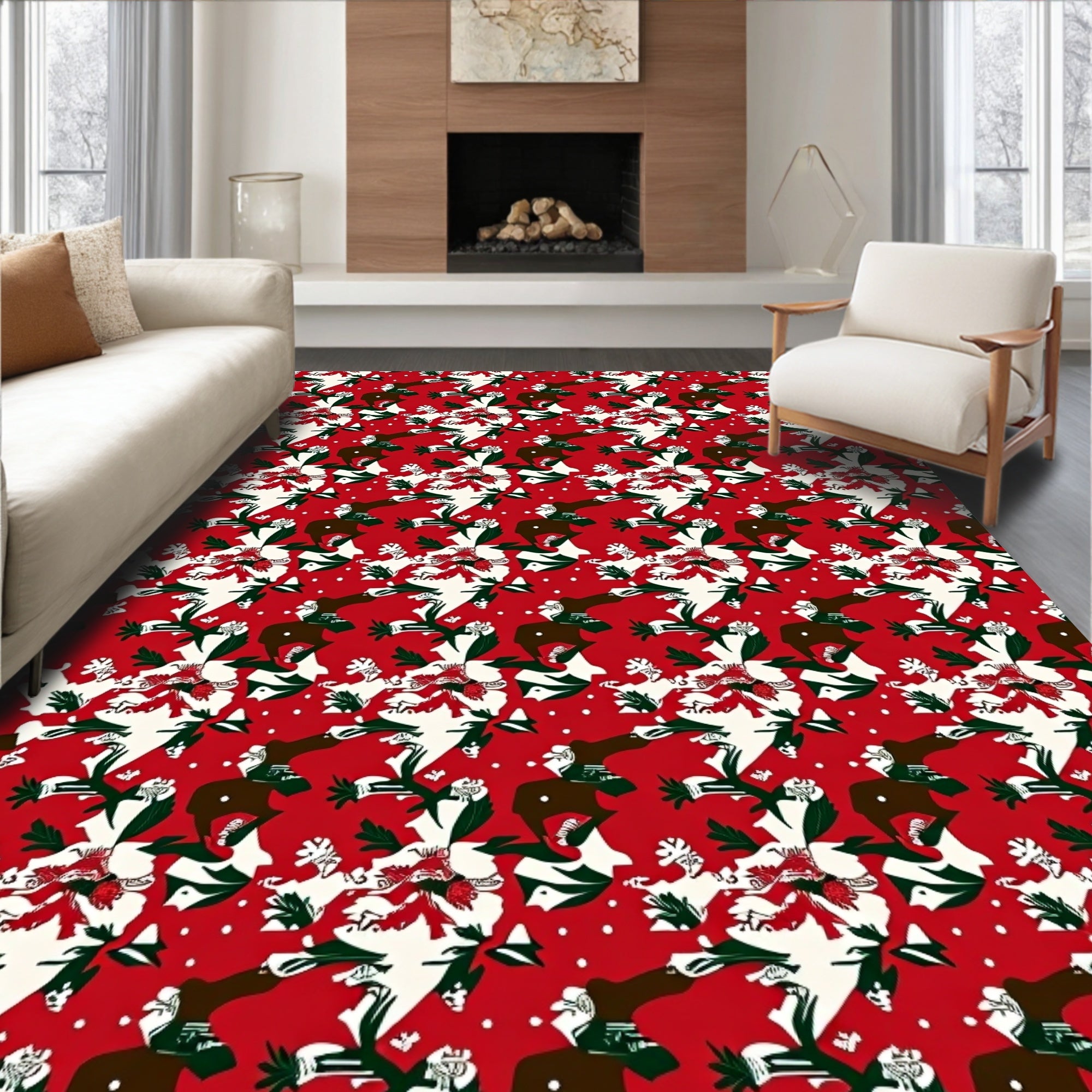 Bold Red Festive Floral Pattern Rug