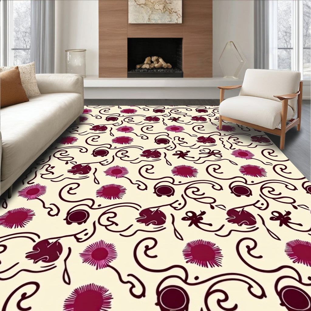 Dark Red Floral Swirl Pattern Rug