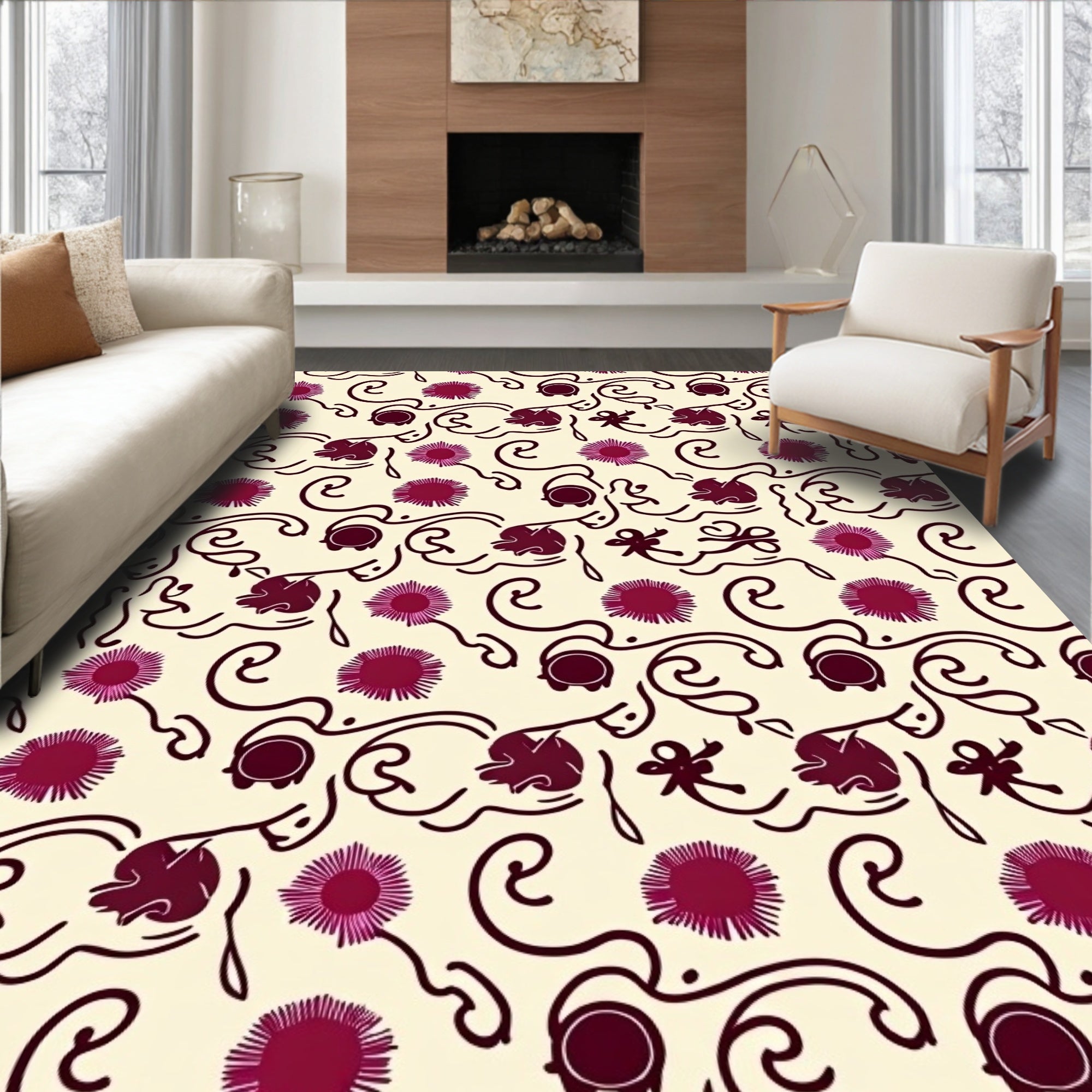 Dark Red Floral Swirl Pattern Rug