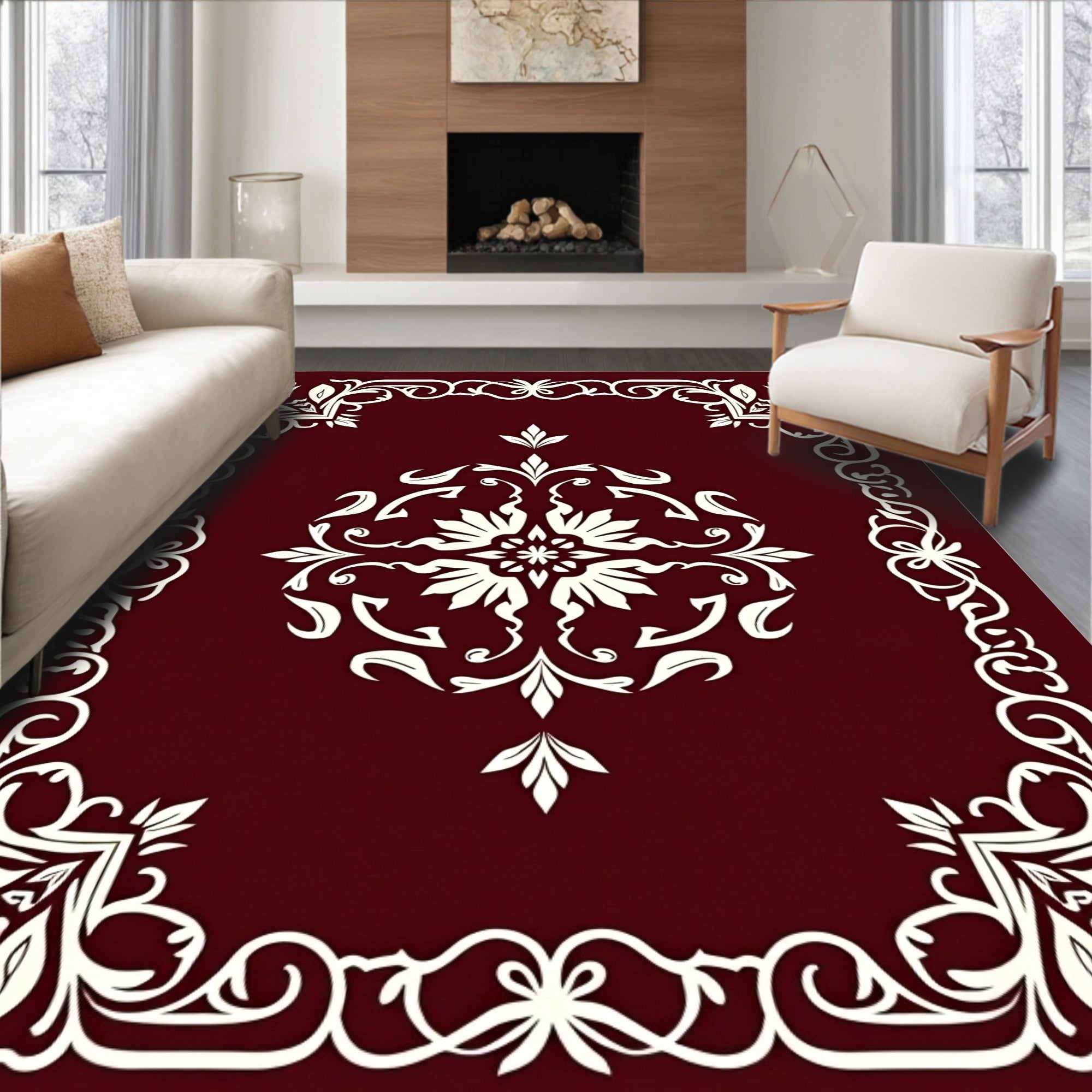 Ornate Floral Scroll Border Design Rug