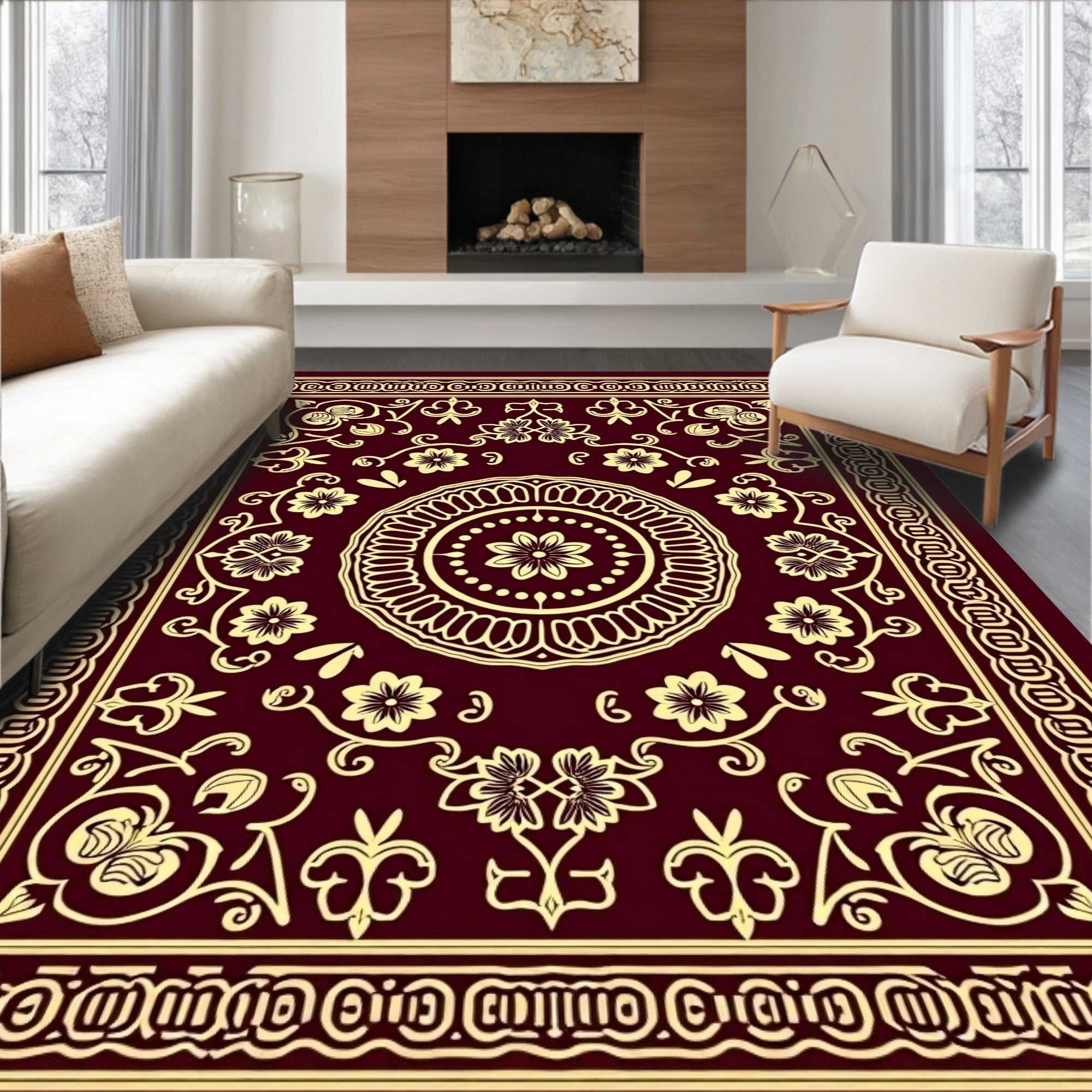 Ornate Floral Medallion Burgundy Design Rug