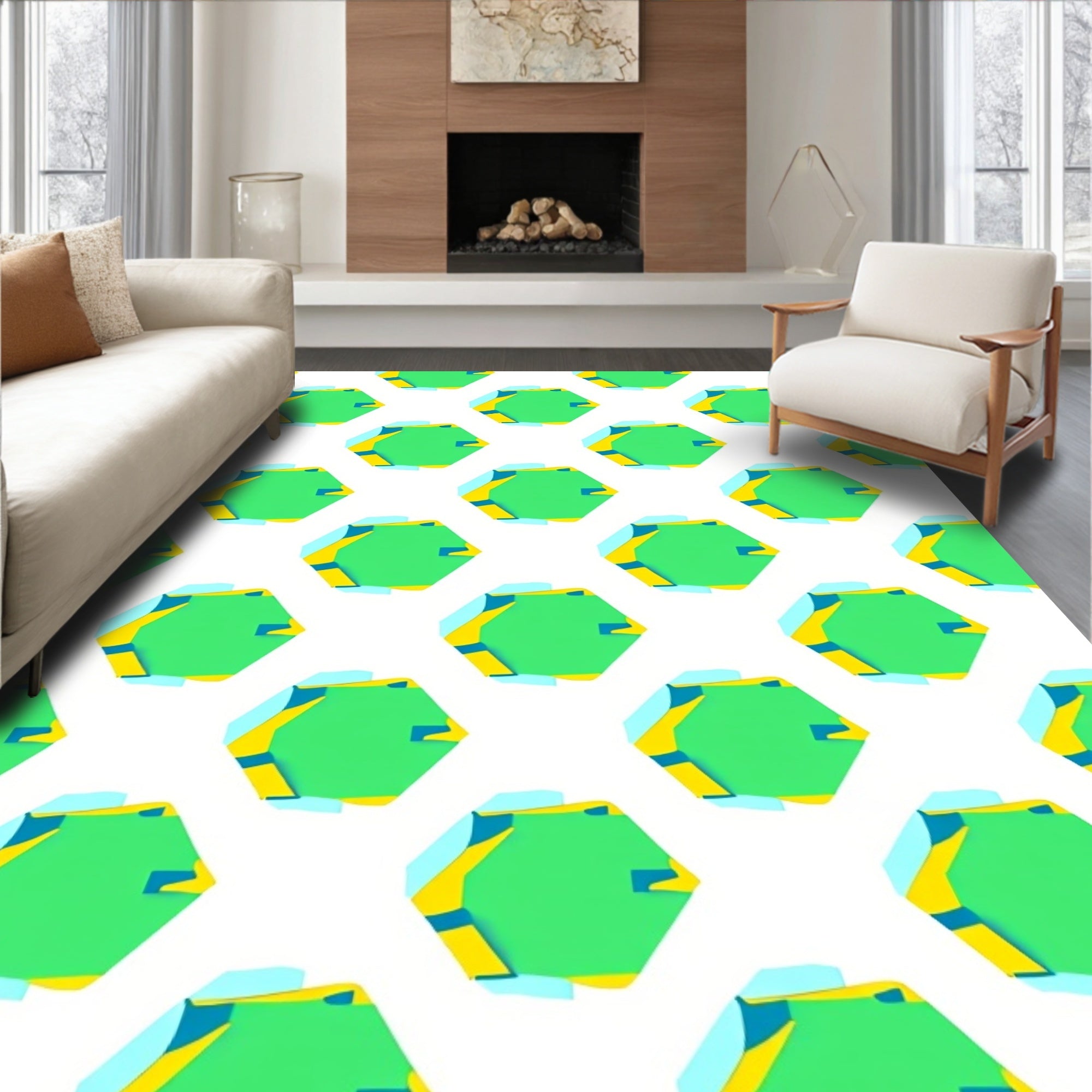 Green Geometric Hexagon Pattern Rug