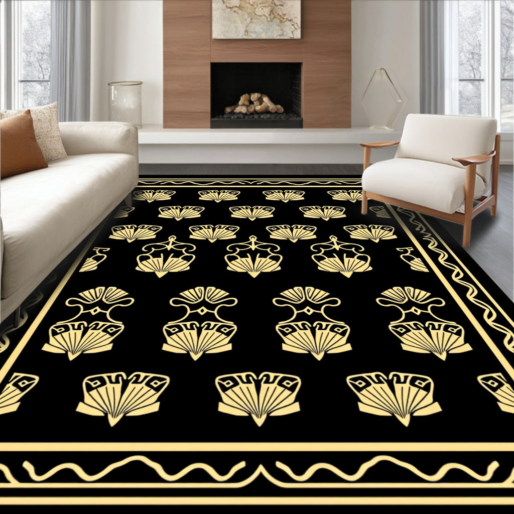 Elegant Fan Motif Black Gold Rug