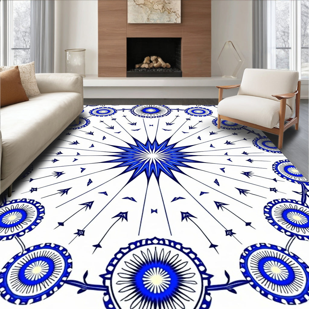 Bright Blue Starburst Floral Pattern Rug