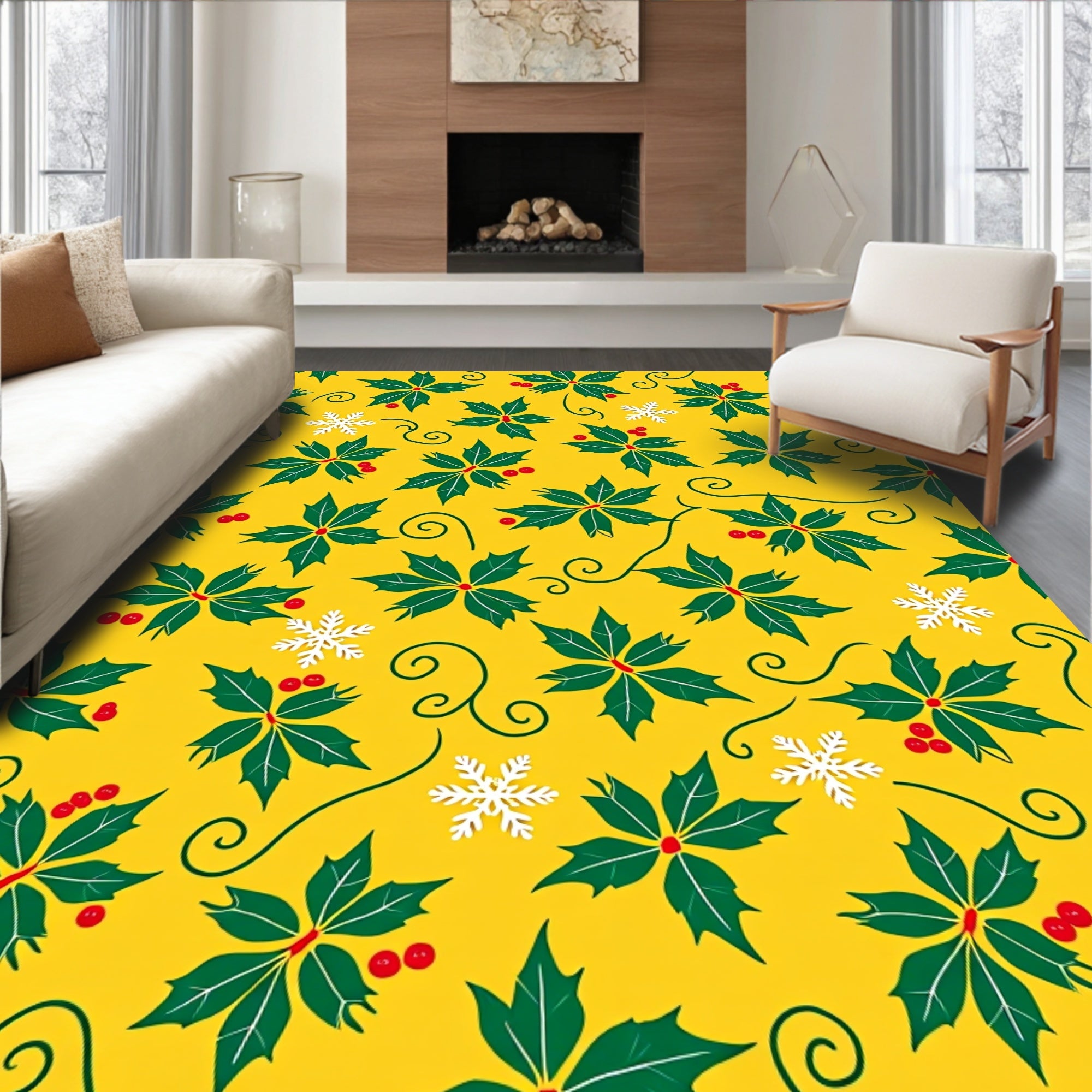 Festive Holly and Snowflakes Pattern Rug