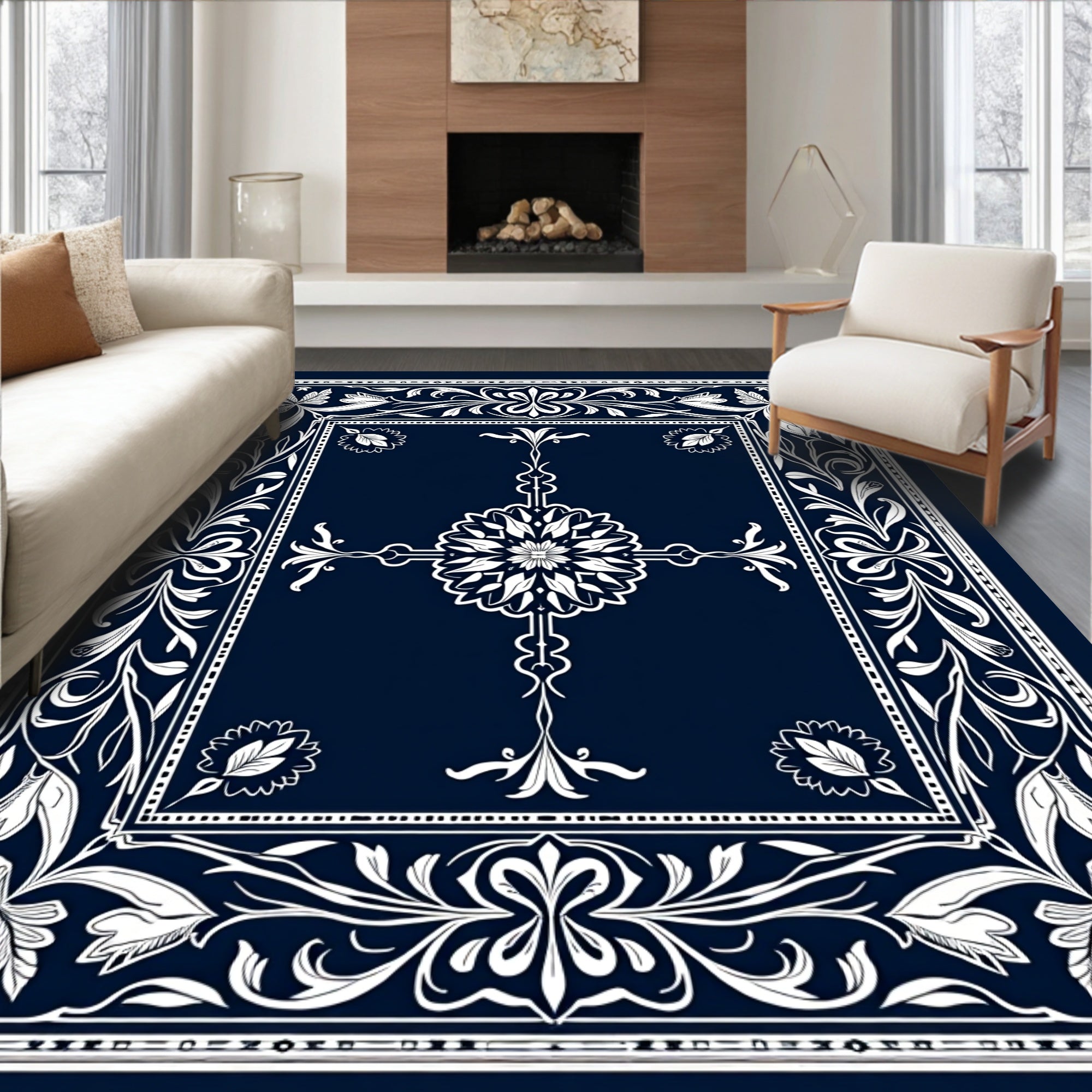 Ornate Floral Bordered Medallion Design Rug