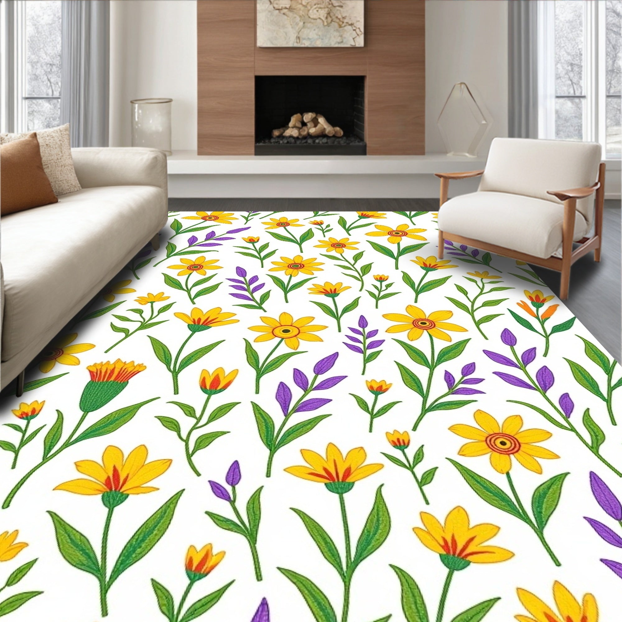 Yellow and Purple Floral Pattern Design Rug
