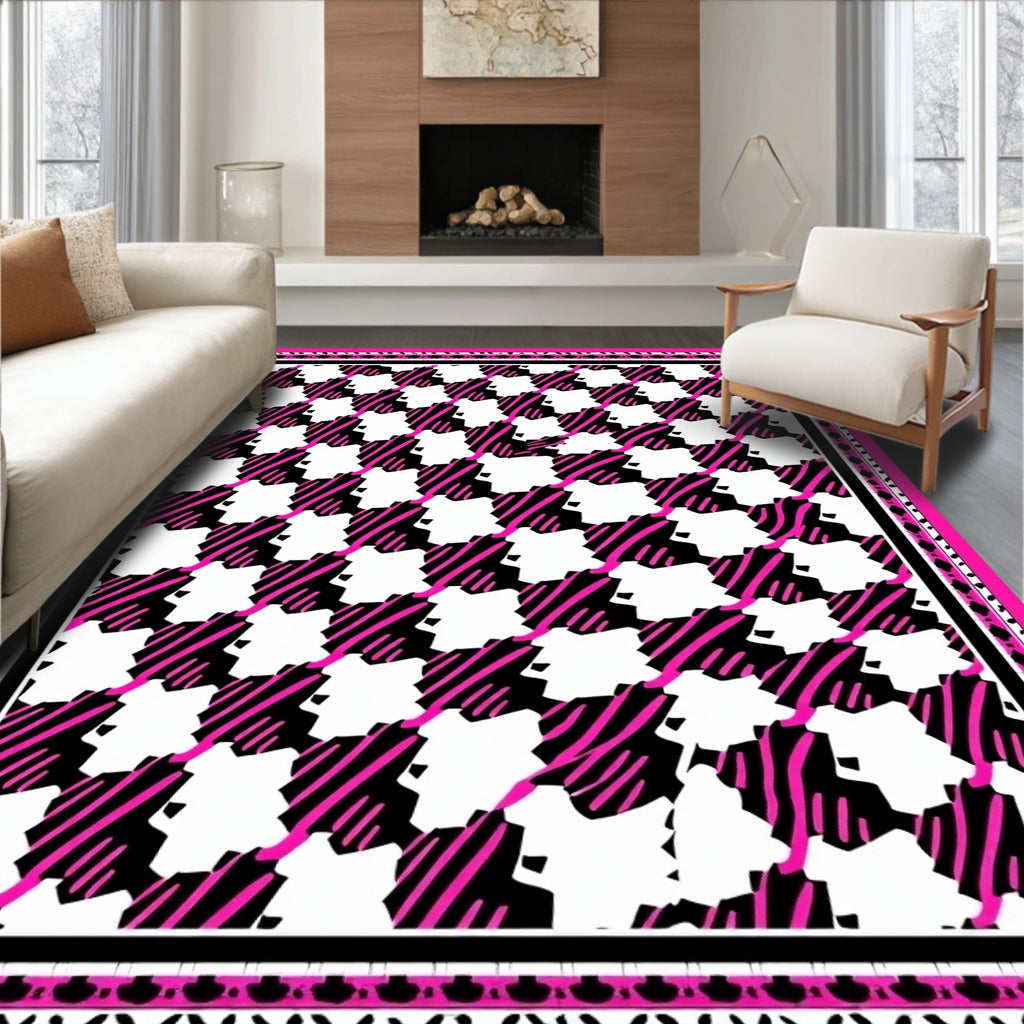 Bold Black Pink Houndstooth Pattern Rug