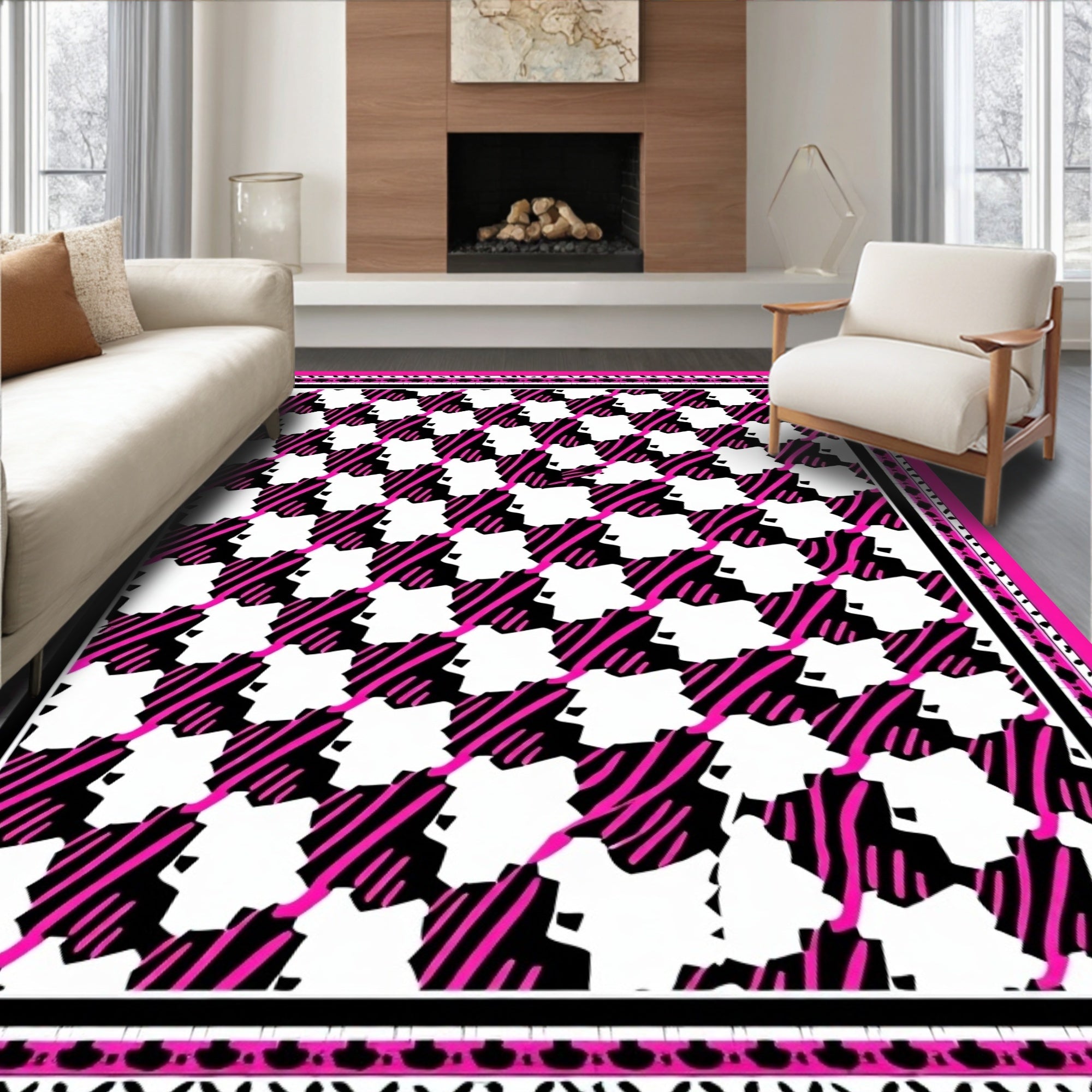 Bold Black Pink Houndstooth Pattern Rug