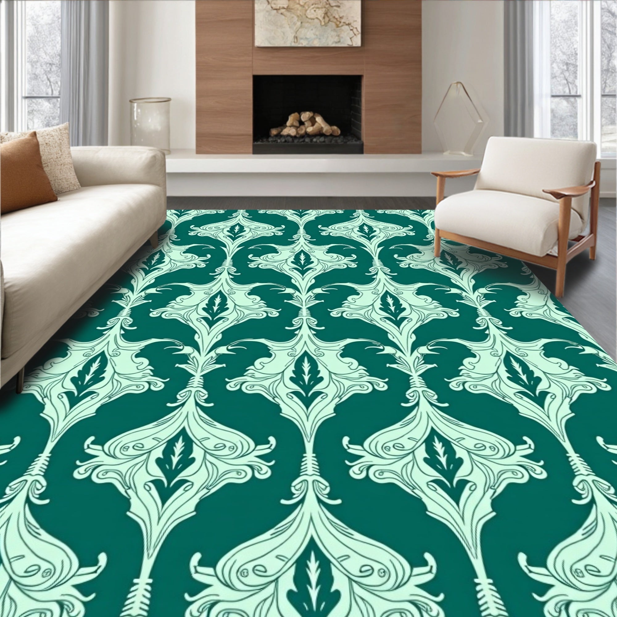 Art Nouveau Teal Floral Pattern Rug