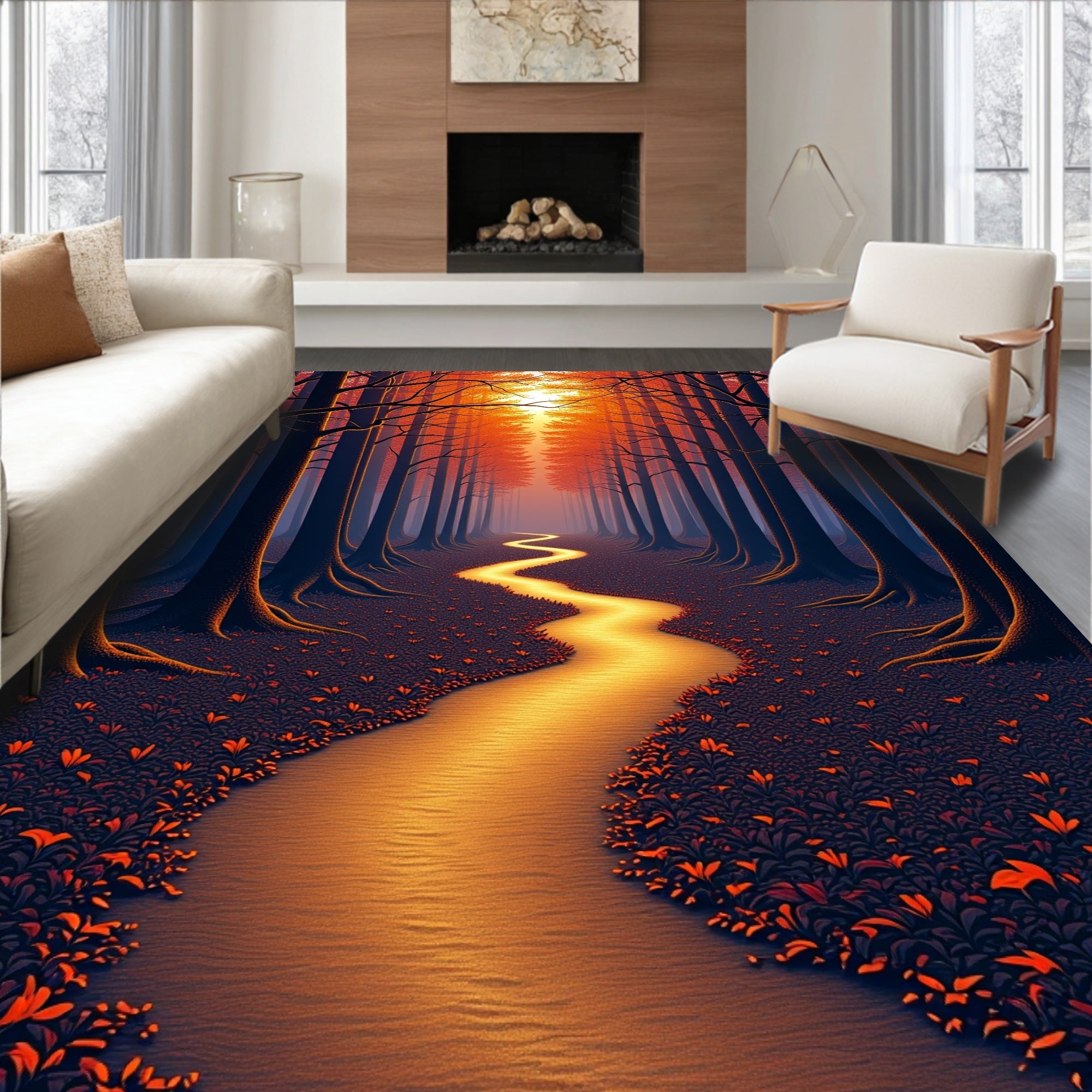 Golden Forest Path Abstract Design Rug
