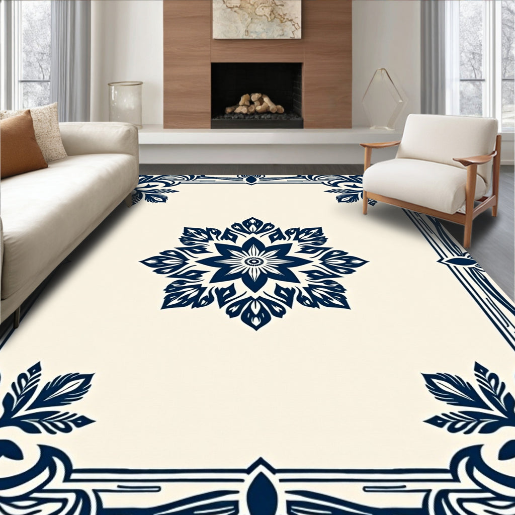 Navy Floral Mandala Pattern Rug