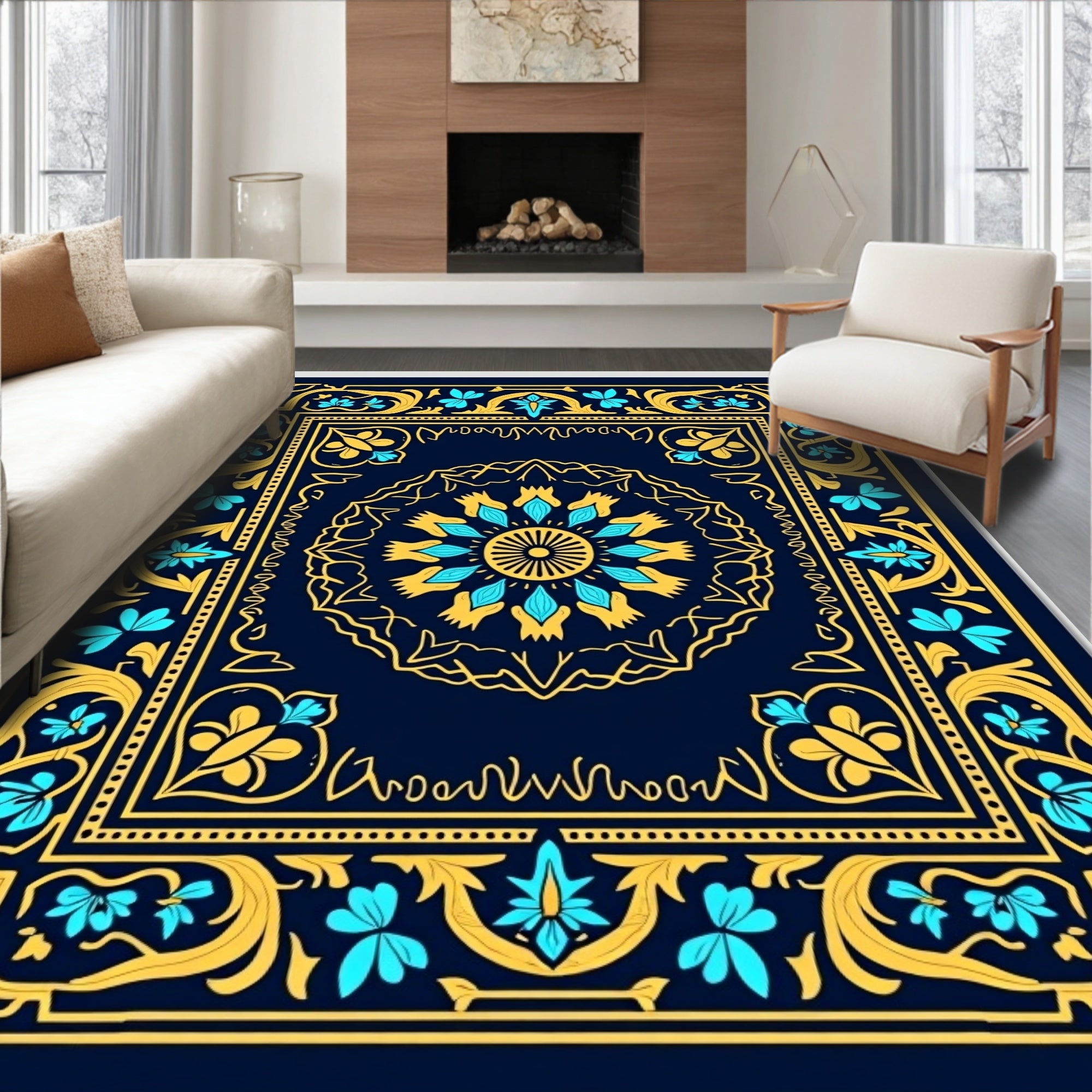 Intricate Blue Yellow Floral Mandala Pattern Rug