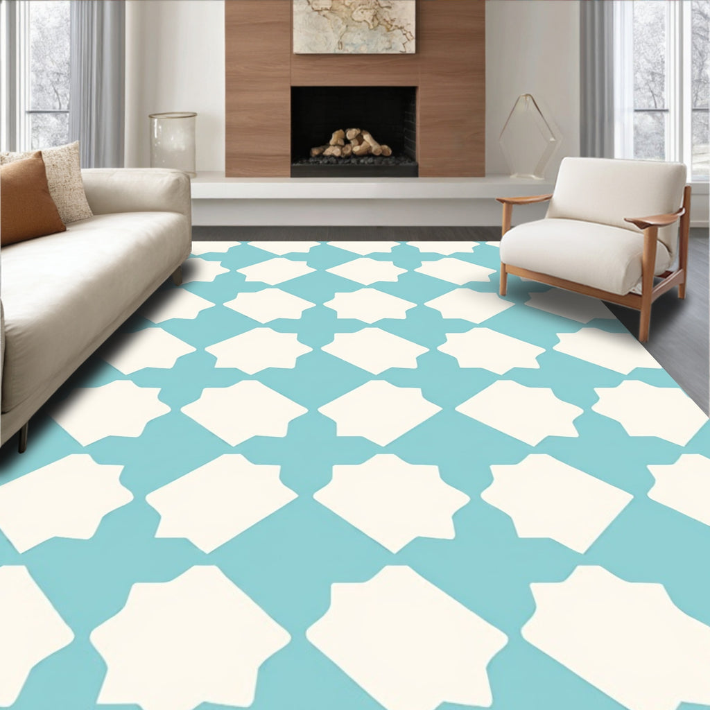 Aqua White Geometric Lattice Design Rug