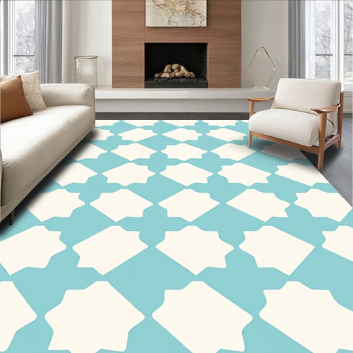Aqua White Geometric Lattice Design Rug