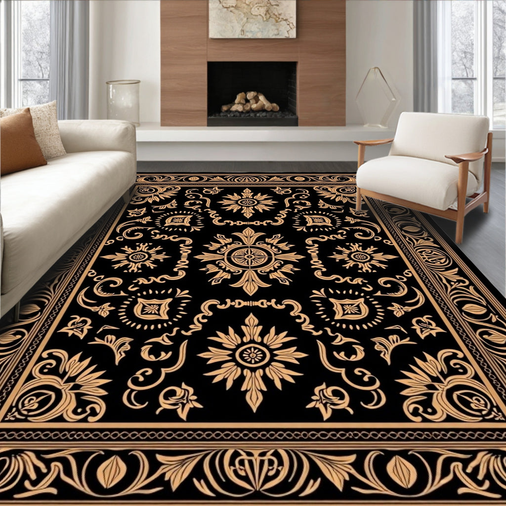 Elaborate Floral Scrollwork Black Gold Rug