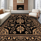 Elaborate Floral Scrollwork Black Gold Rug