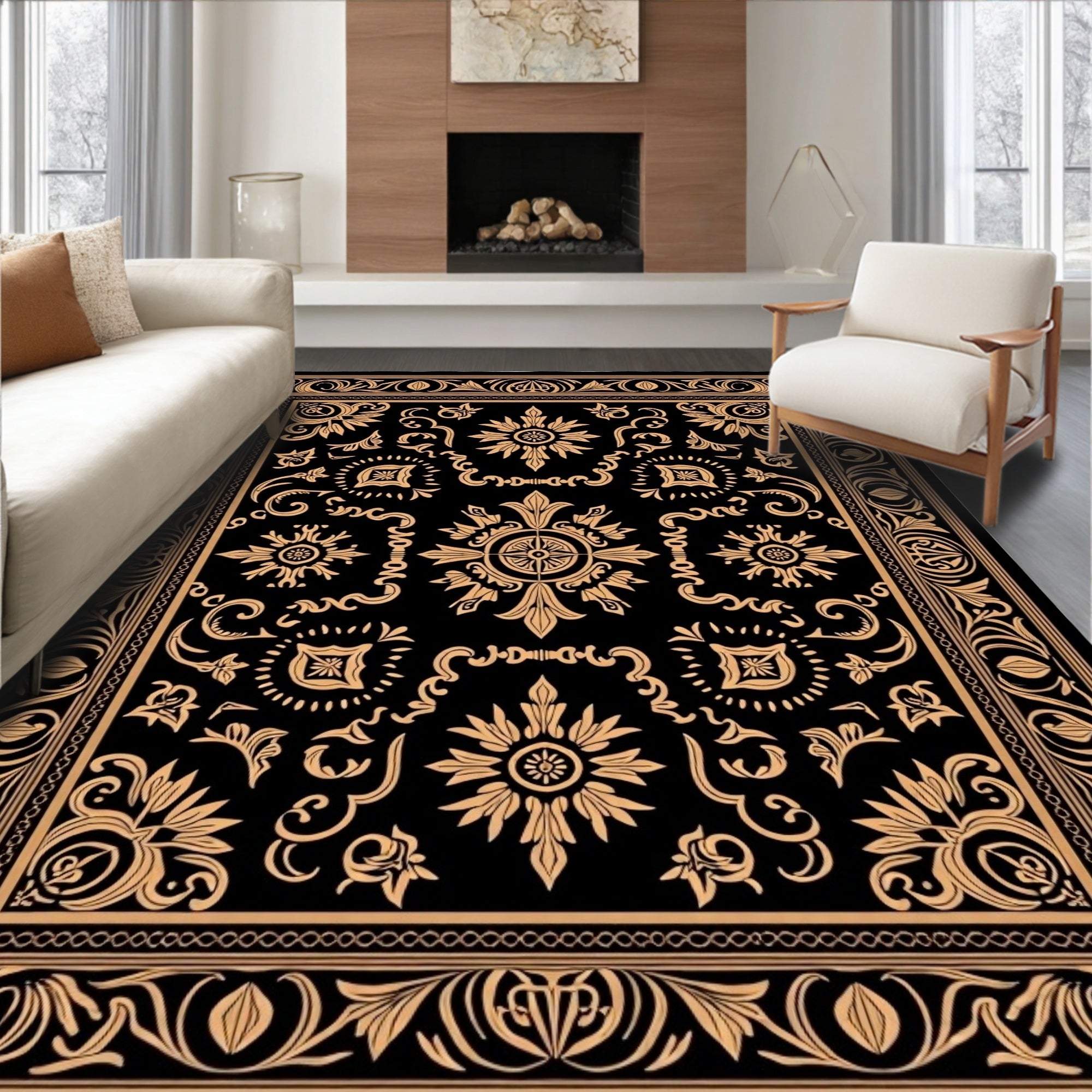 Elaborate Floral Scrollwork Black Gold Rug