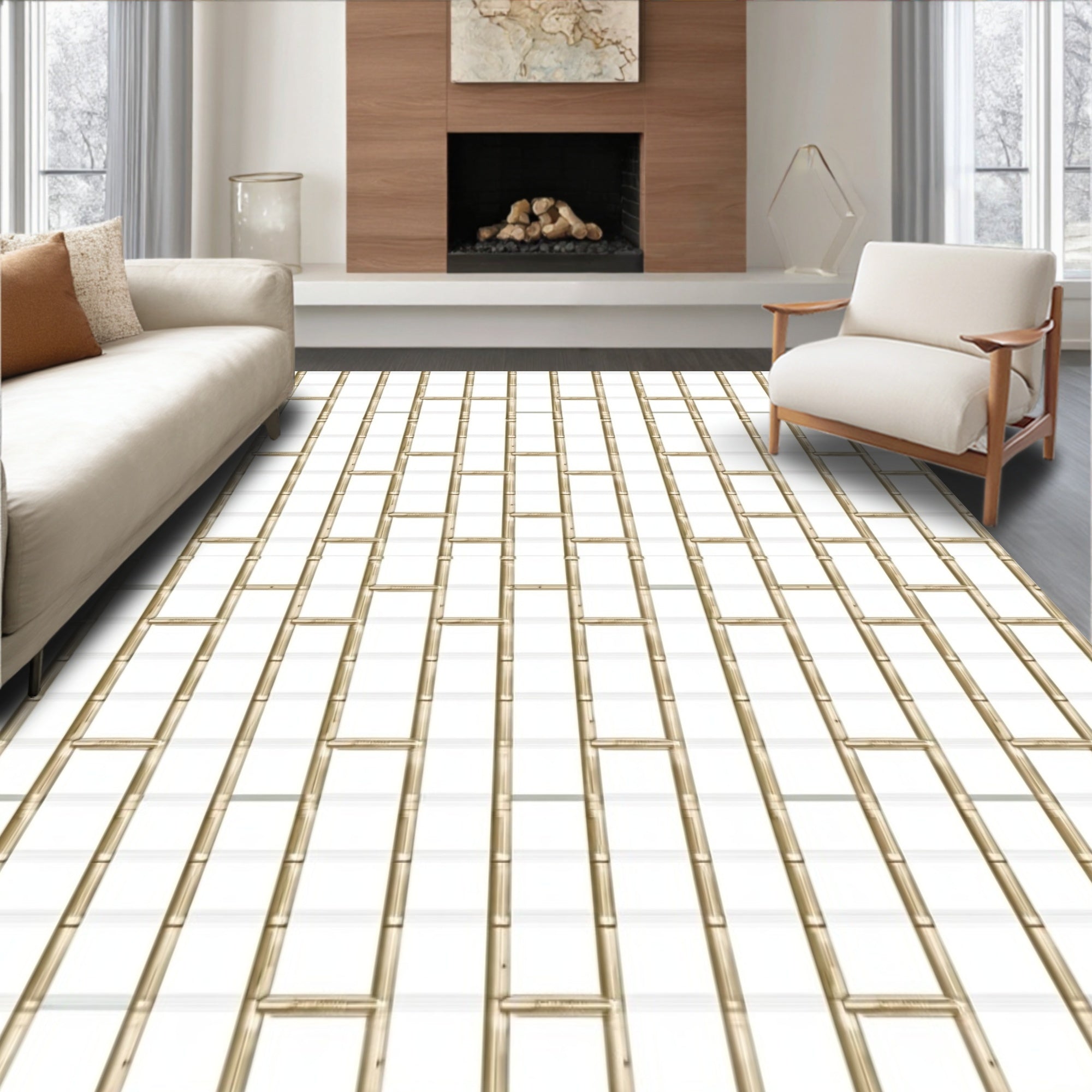 Natural Bamboo Geometric Brick Pattern Rug
