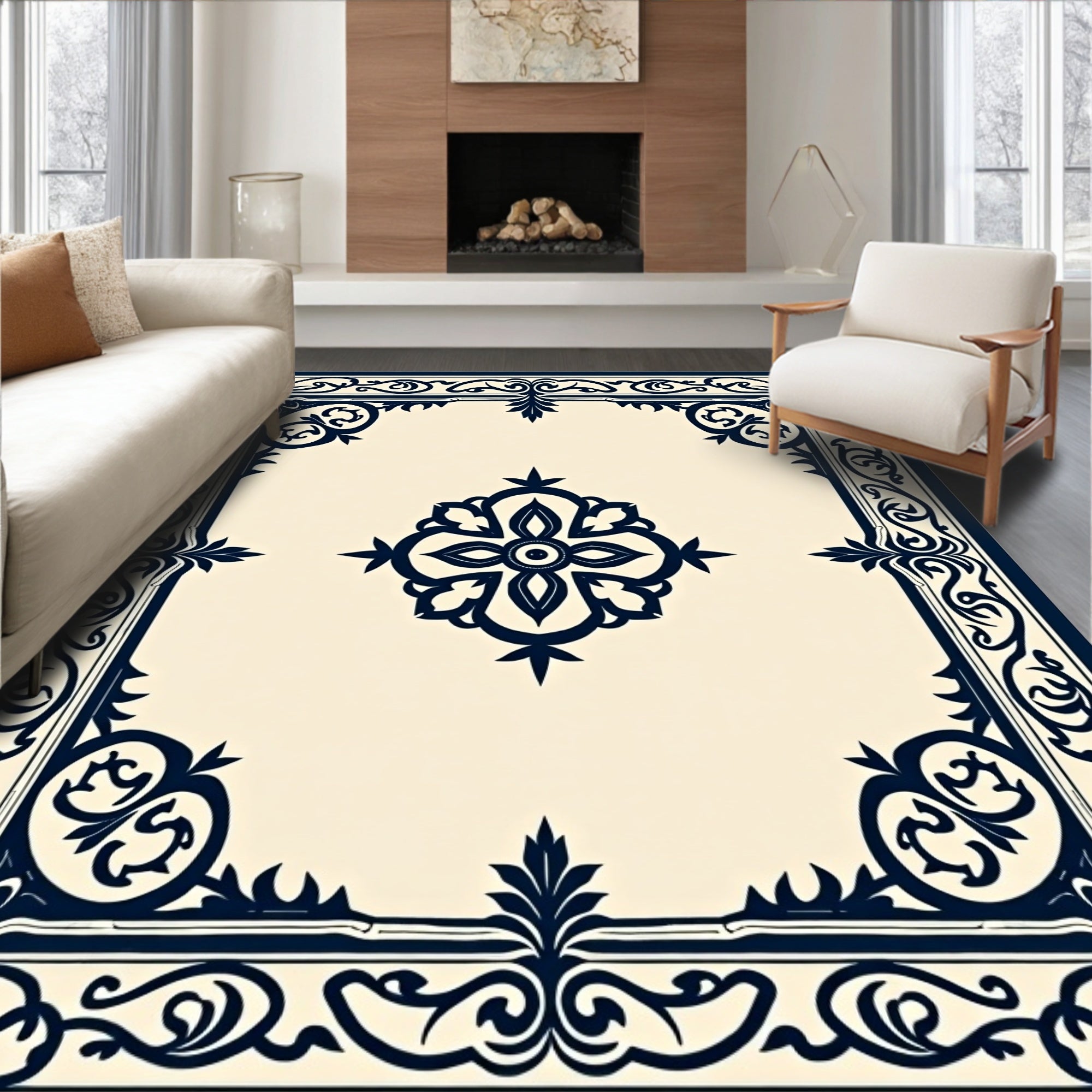 Ornate Floral Center Medieval Border Rug
