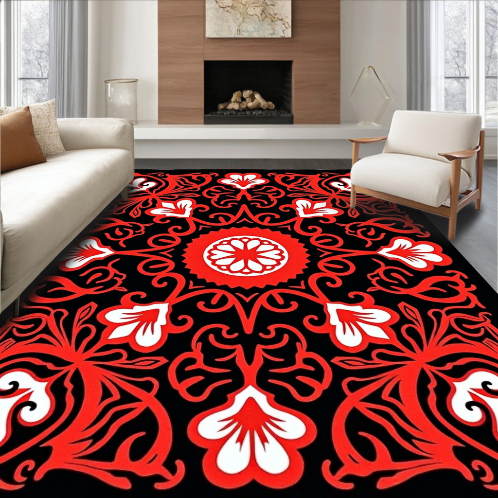Bold Red Floral Medallion Pattern Rug