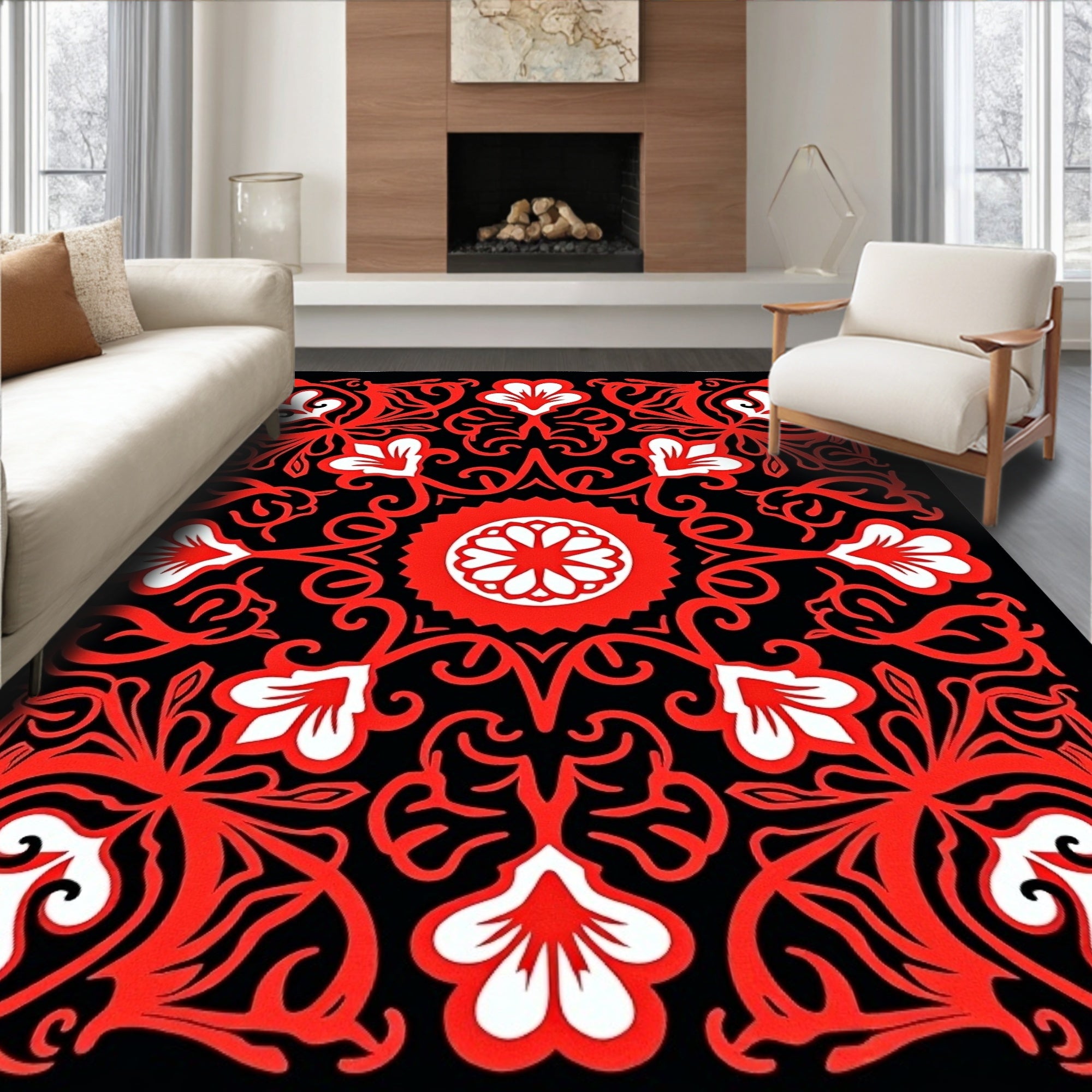 Bold Red Floral Medallion Pattern Rug