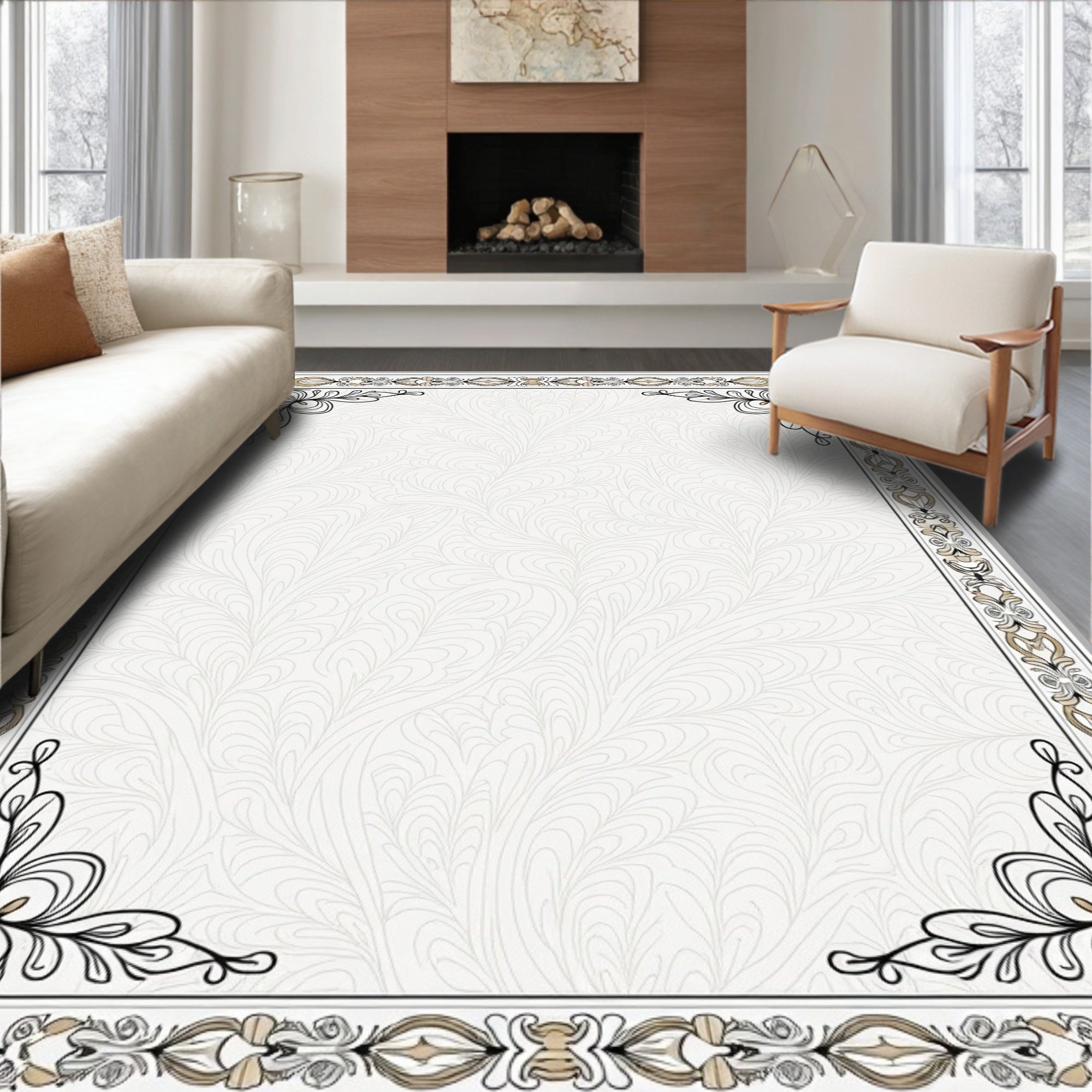 Elegant Light Beige Floral Scroll Border Rug