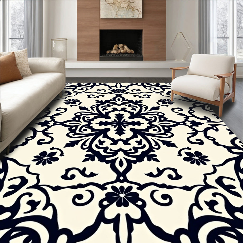 Classic Black Floral Damask Pattern Rug