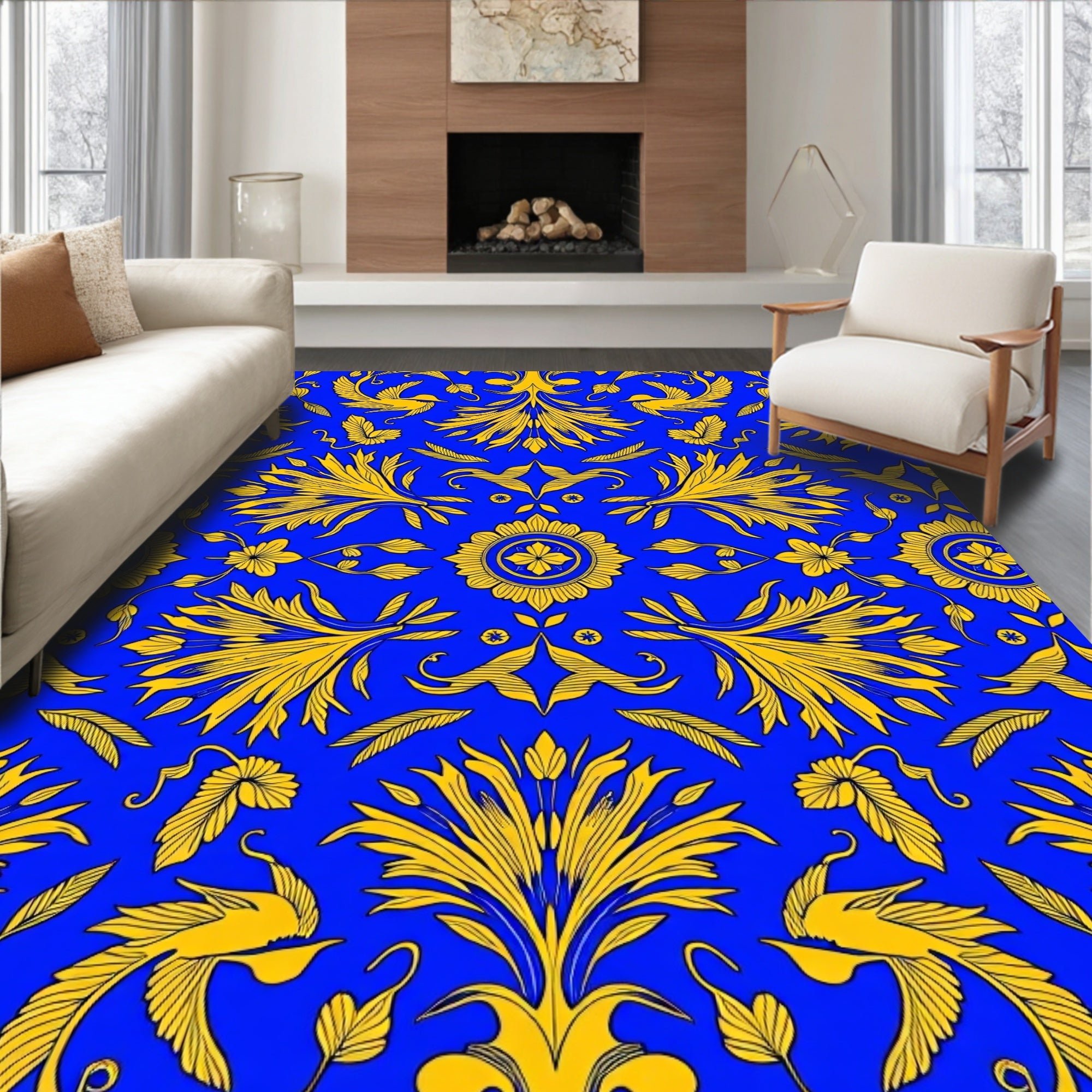Royal Blue Yellow Floral Bird Pattern Rug
