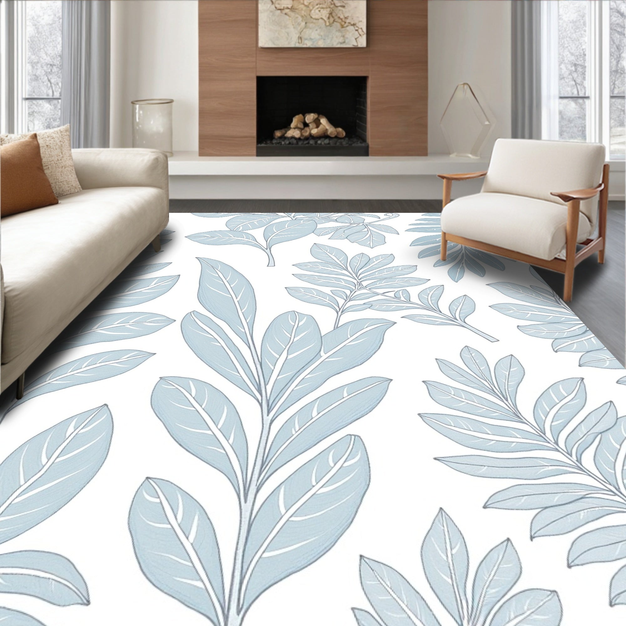 Serene Blue Botanical Leaf Pattern Rug