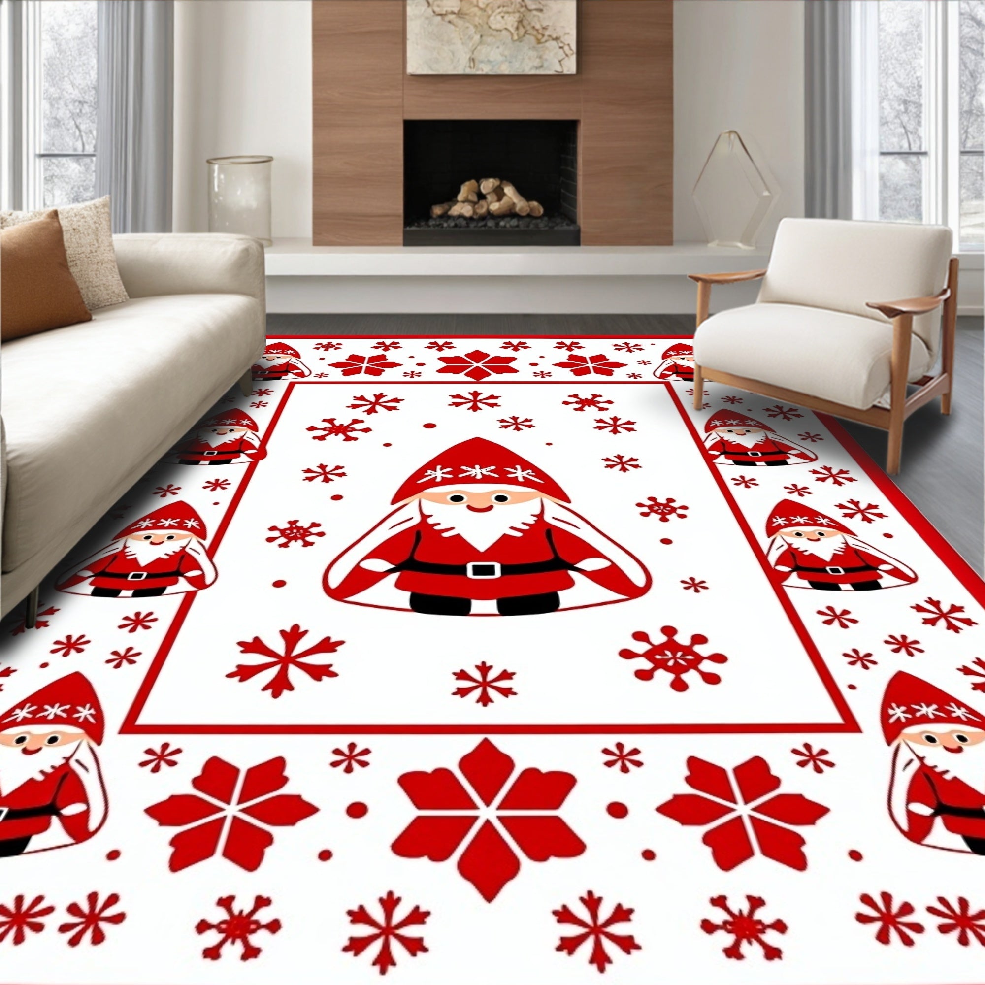 Red White Santa Claus Snowflakes Border Rug