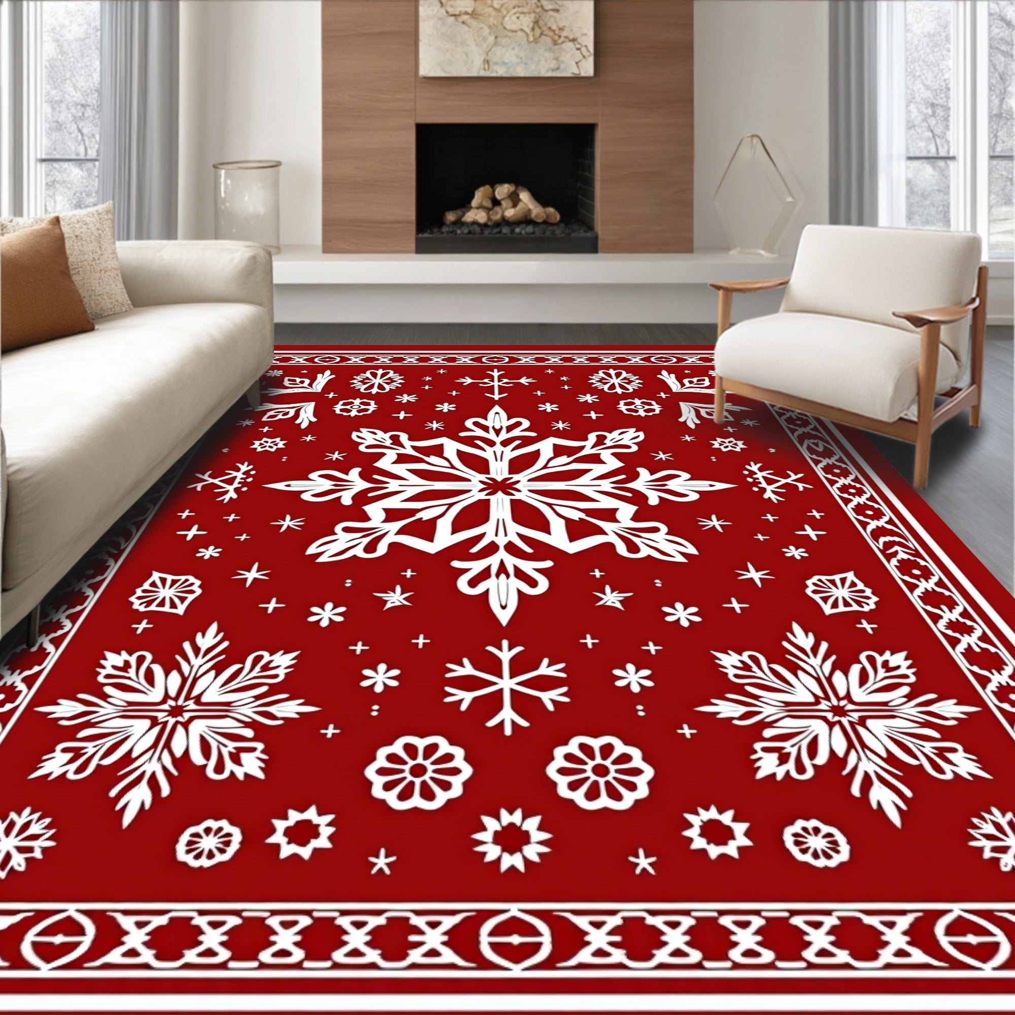 Bold Red Snowflake Festive Pattern Rug