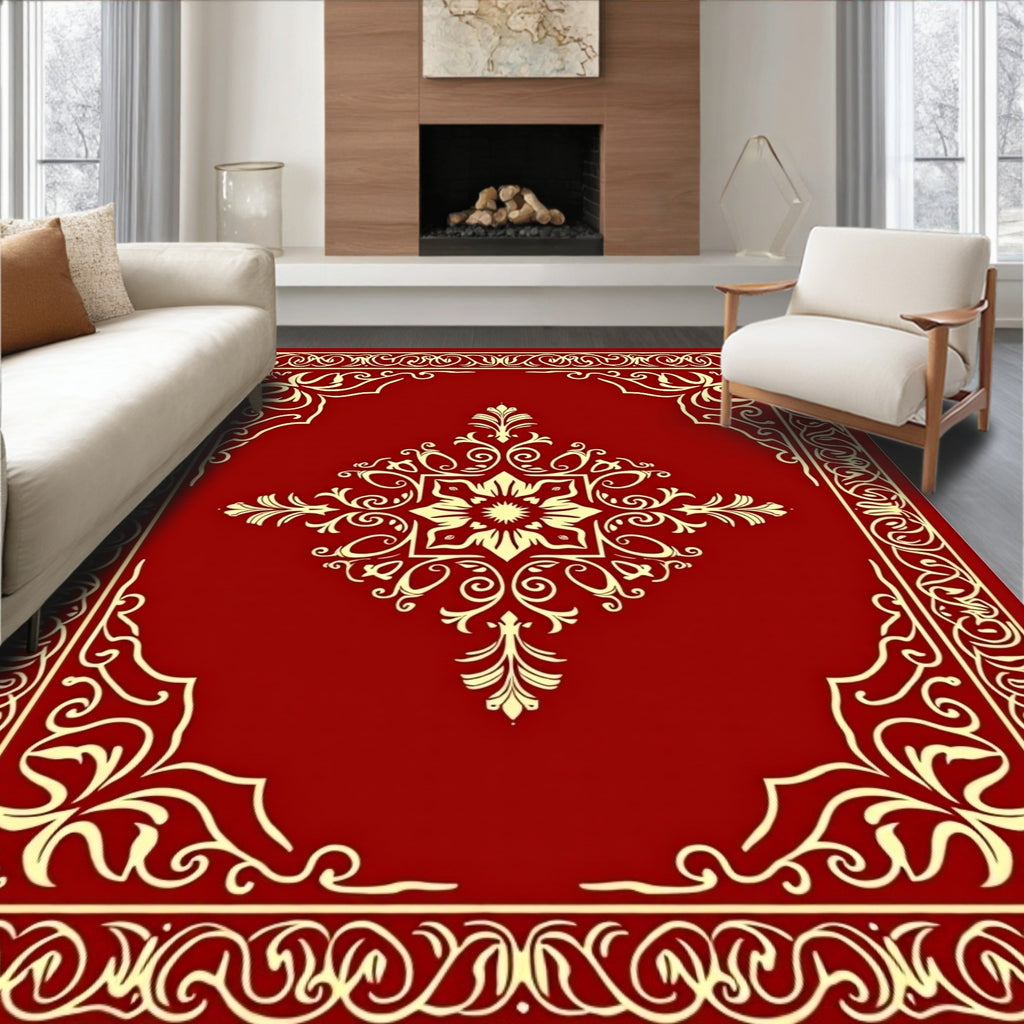 Red Gold Flourish Mandala Pattern Rug