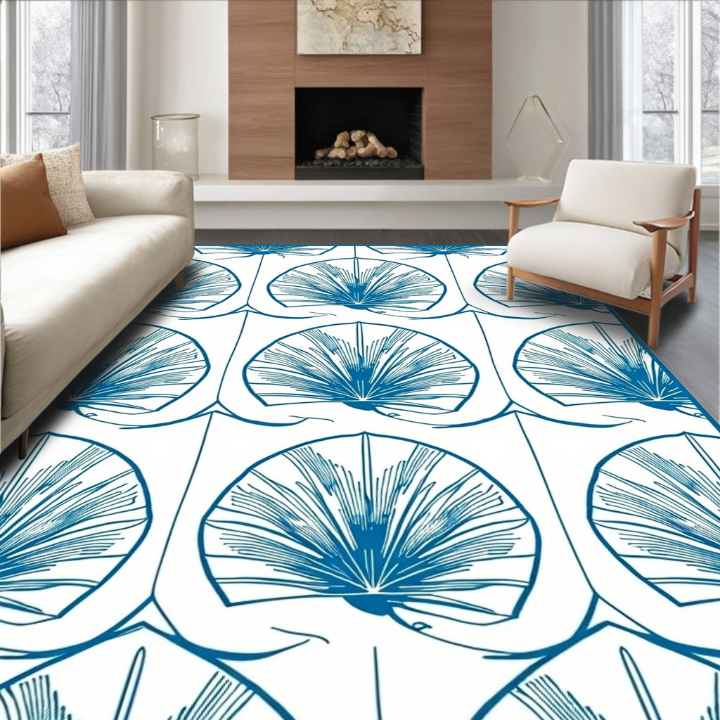Blue Fan Patterned Graphic Art Rug