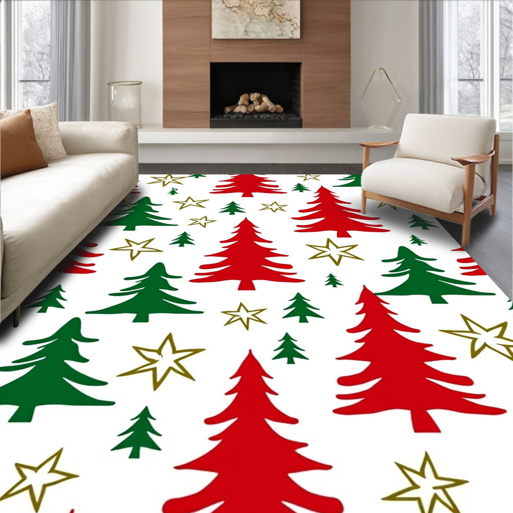 Red Green Pine Tree Star Pattern Rug