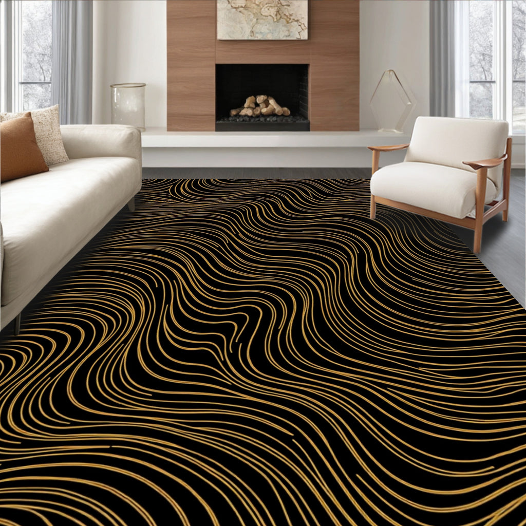 Abstract Golden Wavy Lines Rug